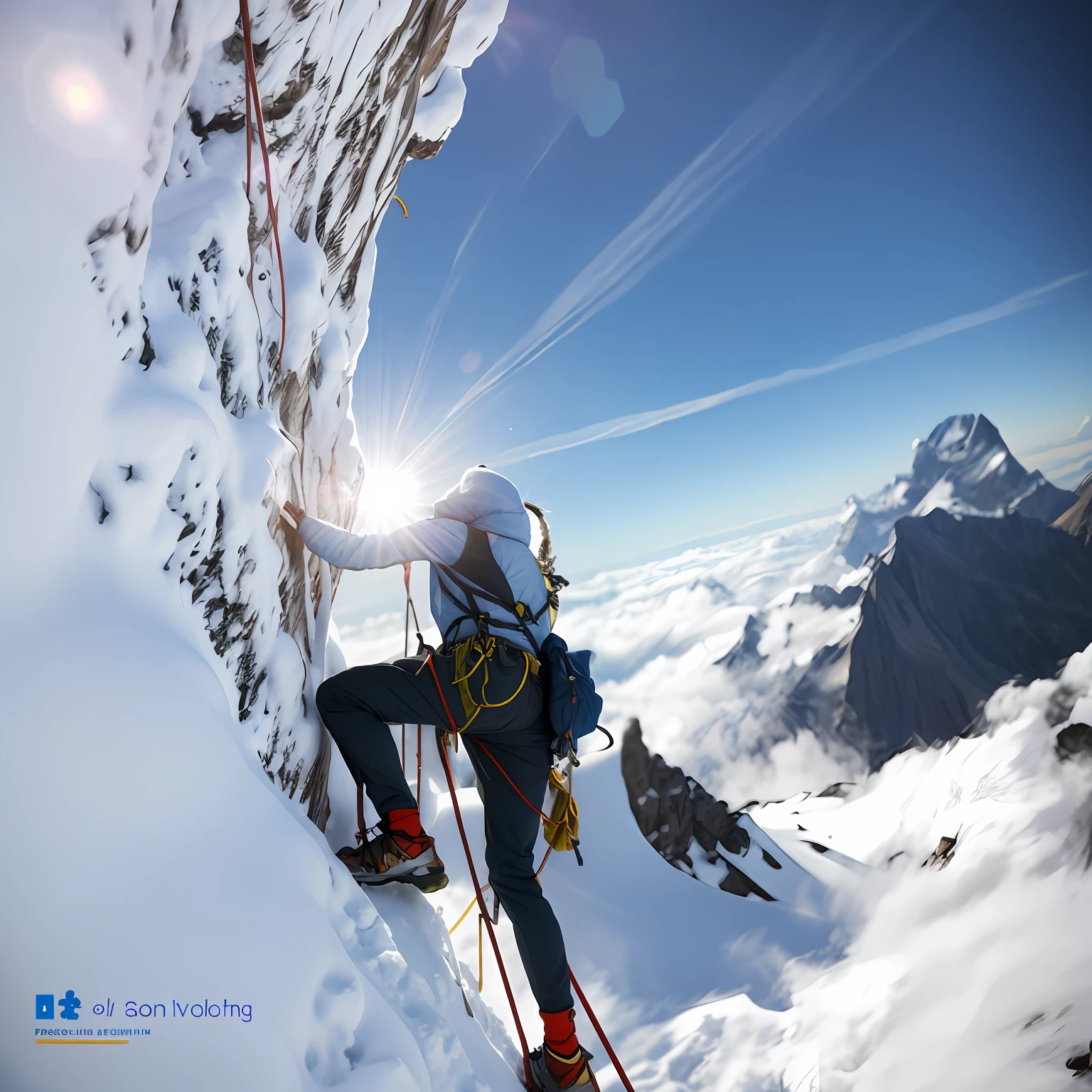 In the daytime,Bright light,A man climbing a snowy mountain