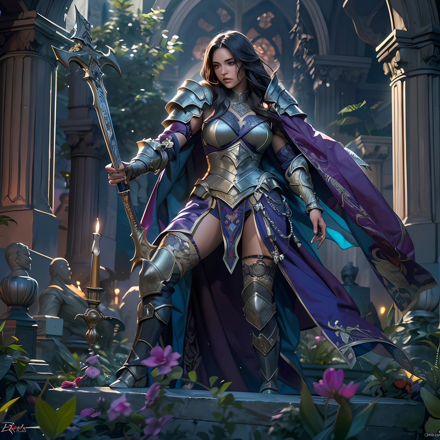 arafed, high details, best quality, 8k, [ultra detailed], masterpiece, best quality, (extremely detailed), dynamic angle, ultra wide shot, RAW, photorealistic, fantasy art, dnd art, rpg art, realistic art, a picture of  female human holy warrior,  warrior of god, full body, ultra detailed face [[anatomically correct]] dynamic position (1.5 intricate details, Masterpiece, best quality) in dark fantasy cemetery (1.5 intricate details, Masterpiece, best quality), woman wearing bright armor, heavy armor (1.4 intricate details, Masterpiece, best quality), armed with radiant sword (1.3, masterpiece), purple cloak (1.3, masterpiece) holy symbol with [bright aura] (1.4), long hair, dark hair, green eyes intense eyes, dark cemetery background (1.5 intricate details, Masterpiece, best quality) dread atmosphere (1.6),  dawn light, divine rays (1.4 intricate details, Masterpiece, best quality), dynamic angle, (1.4 intricate details, Masterpiece, best quality) 3D rendering, high details, best quality, highres, ultra wide angle@EG1