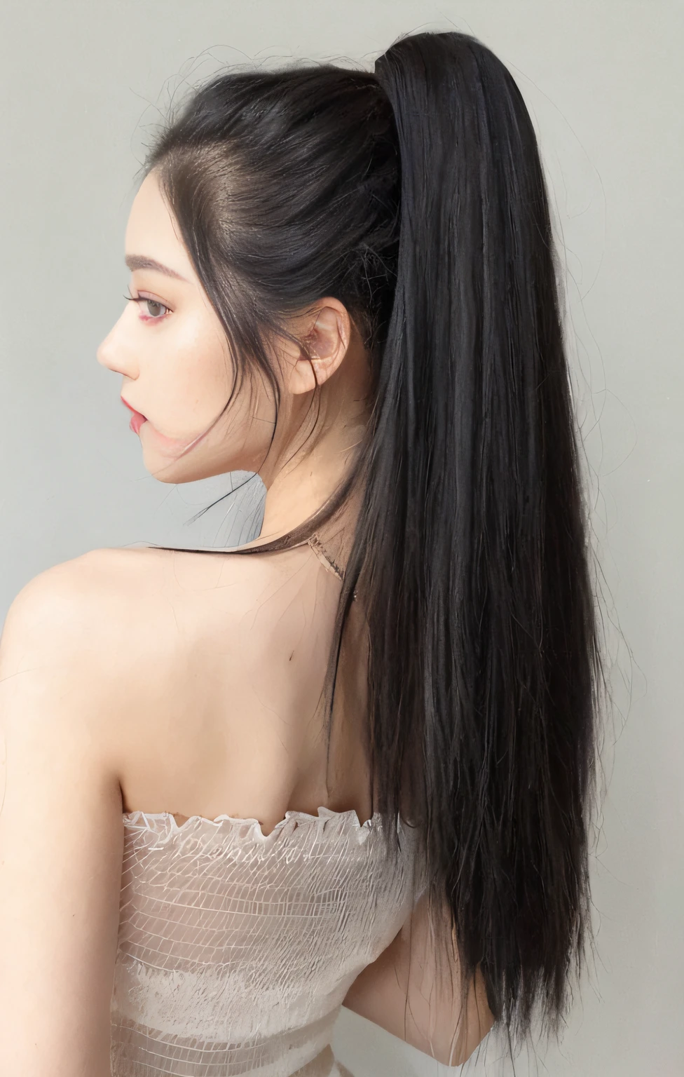 There is a woman with long hair in a dress posing, long black hair in a ponytail, Long black ponytail, ponytail black hair, Black ponytail hair, Long ponytail, long thin black hair, Black ponytail, pony-tail hair, long sleek tail behind, long free black straight hair, Long hair with a ponytail, shoulder-long straight, straight hairstyle, hair ponytail