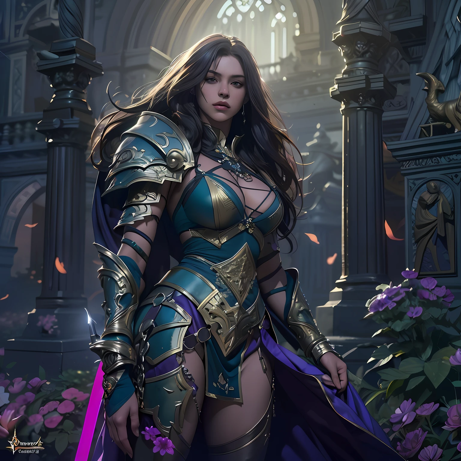 arafed, high details, best quality, 8k, [ultra detailed], masterpiece, best quality, (extremely detailed), dynamic angle, ultra wide shot, RAW, photorealistic, fantasy art, dnd art, rpg art, realistic art, a picture of  female human holy warrior,  warrior of god, full body, ultra detailed face [[anatomically correct]] dynamic position (1.5 intricate details, Masterpiece, best quality) in dark fantasy cemetery (1.5 intricate details, Masterpiece, best quality), woman wearing bright armor, heavy armor (1.4 intricate details, Masterpiece, best quality), armed with radiant sword (1.3, masterpiece), purple cloak (1.3, masterpiece) holy symbol with [bright aura] (1.4), long hair, dark hair, green eyes intense eyes, dark cemetery background (1.5 intricate details, Masterpiece, best quality) dread atmosphere (1.6),  dawn light, divine rays (1.4 intricate details, Masterpiece, best quality), dynamic angle, (1.4 intricate details, Masterpiece, best quality) 3D rendering, high details, best quality, highres, ultra wide angle@EG1