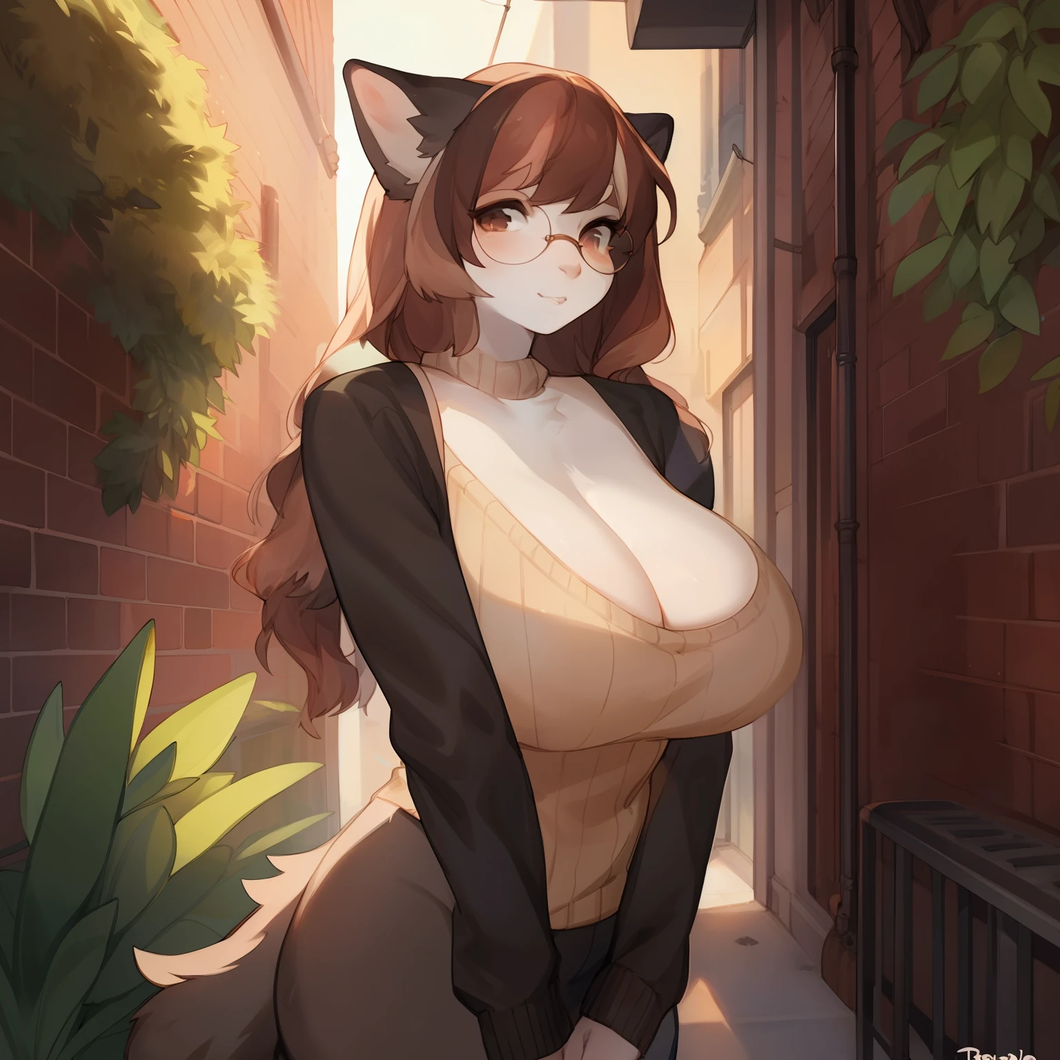 Big breasts, cleavage, turtleneck sweater, by bebebebebe, by spuydjeks
