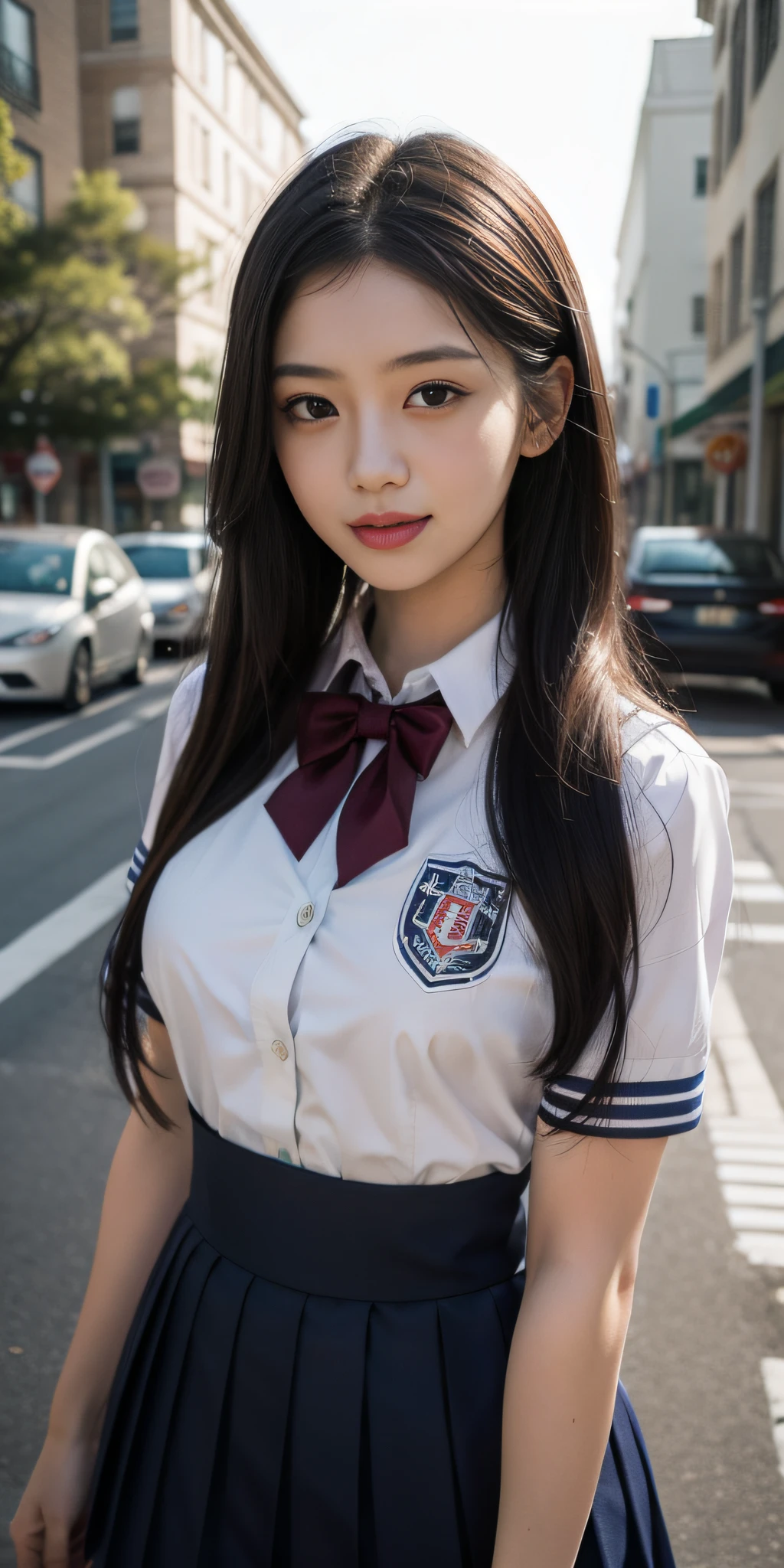 (best qualtiy,8k,tmasterpiece:1.3)),1girll, ssmile,full bodyesbian,Slim Faces,slim toned body,Beautiful woman,exquisite facial features,(High School Uniforms:1.4),Super detailed face,Detailed eyes,二重まぶた,((A shallow smile:1.2)),blur backgroun,城市, do lado de fora, the street,voluptuous figure,Natural lighting,Bright light,((A plump chest:0.6)),((high-angle shot:0.7))
