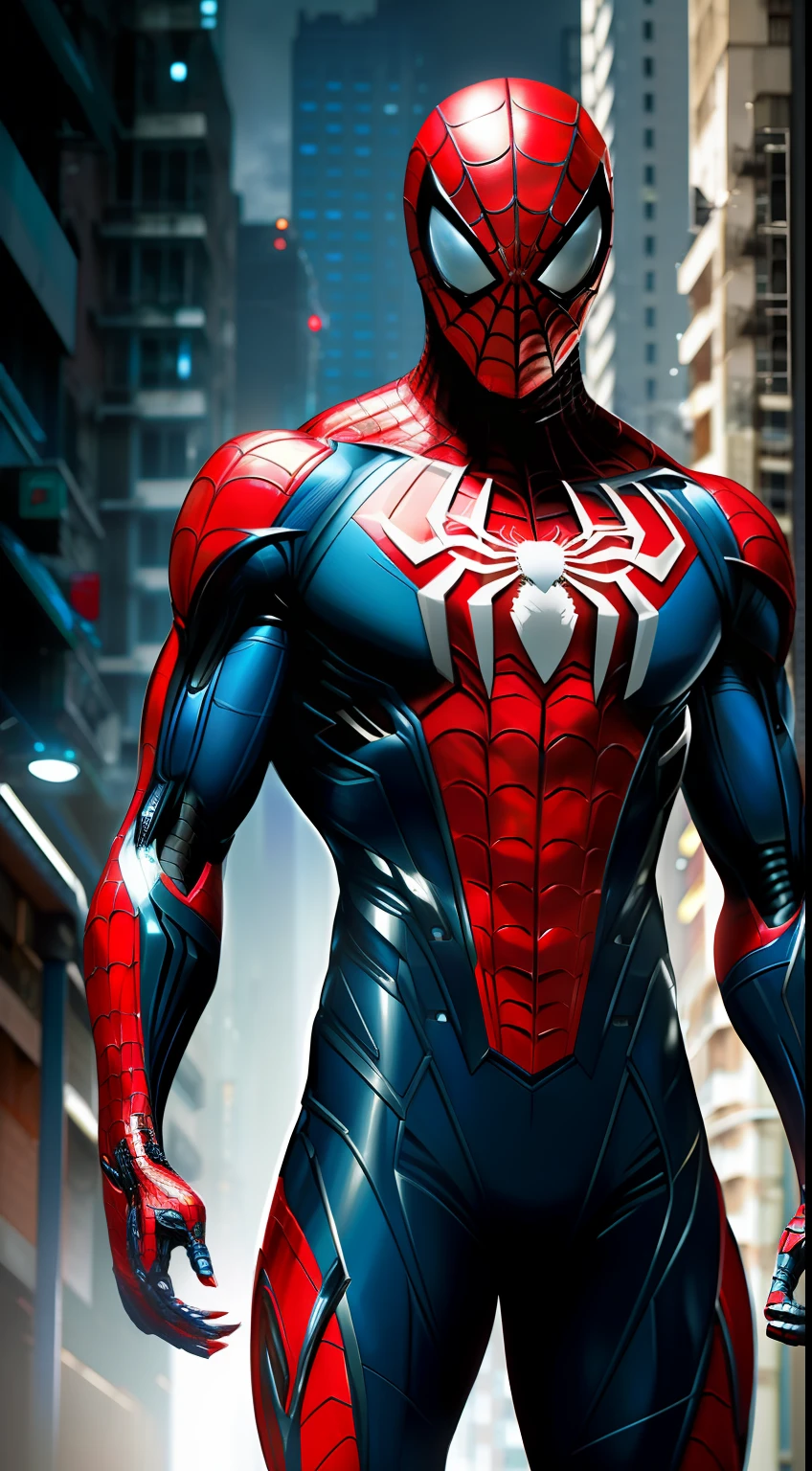 a photograph of spider man 2099, biomechanical, complex robot, Blue and black costume, Super human, full body, hyper realistic, insane fine details, Extremely sharp lines, cyberpunk aesthetic, a masterpiece, featured on zbrush central