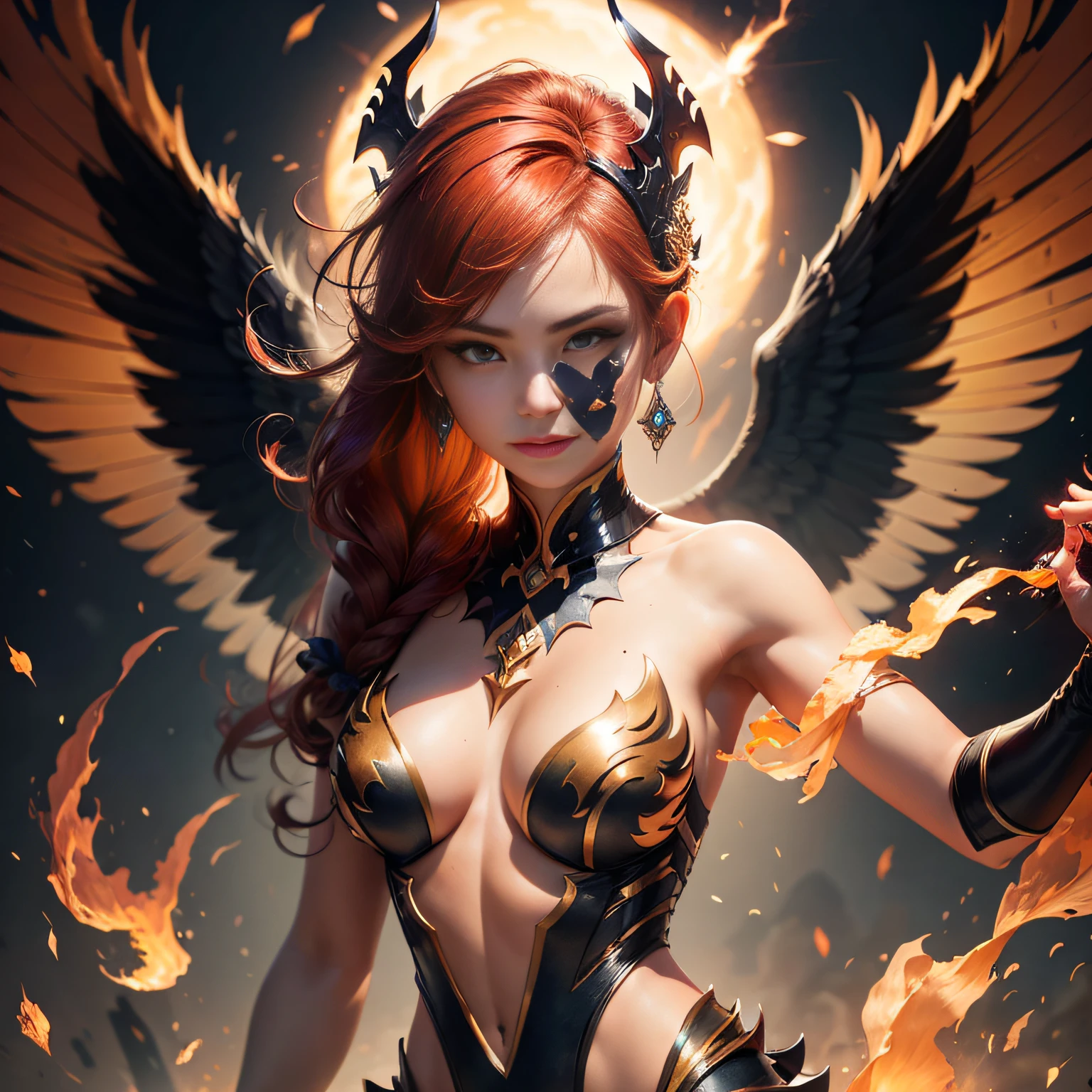 Girl made of fire element,There are wings made of the element of fire,The entire body is made up of fire,Spark spray painting,Delicate figure,((Masterpiece:1.2),highest quality:1.1),(dynamic angle:1.2,dynamicposes:1.2,softlighting:1.1), Solo,Textured skin,Beauty tips,Pick dyeing,Crescent headdress,Heavy makeup,Ribbons,Crescent earrings,There are precious stones on the forehead,Beauty mole,Heterochromic pupils,Light smile,A high resolution