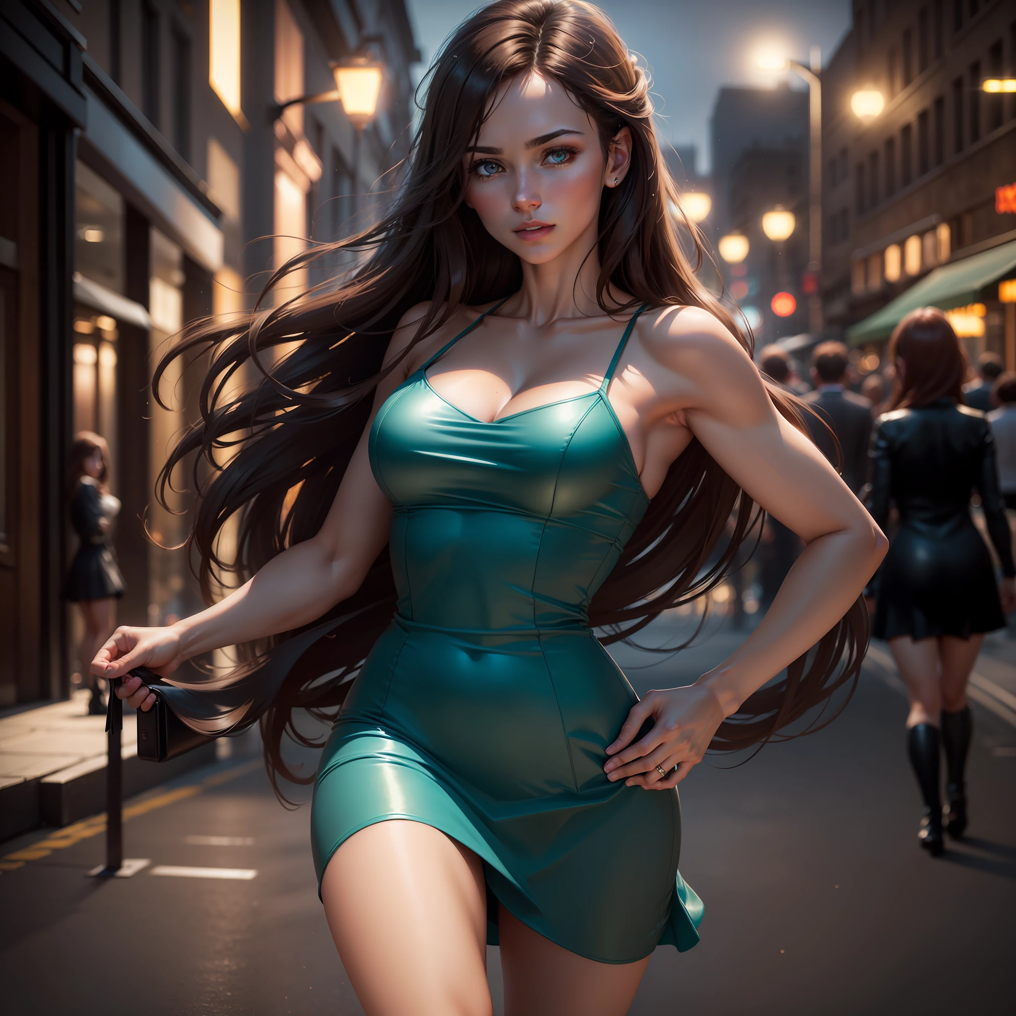 ((Realistic lighting, Best quality, 8K, Masterpiece: 1.3)), Focus: 1.2, 1girl, Perfect Body Beauty: 1.4, Slim Abs: 1.1, ((Dark Brown Hair)), (Aqua Dress: 1.4), (Outdoor, Night: 1.1), City Street, Super Fine Face, Fine Eyes, Double Eyelids,