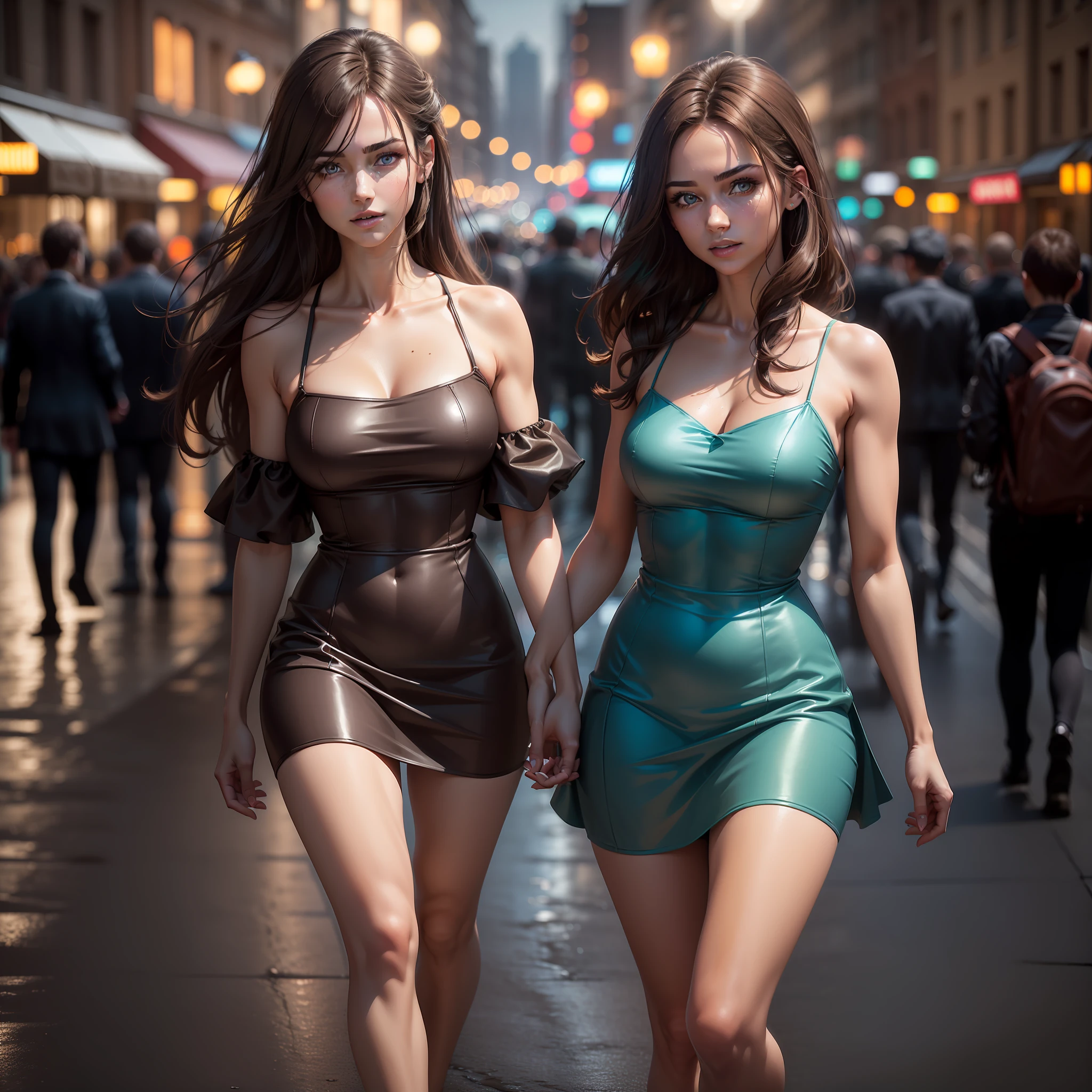 ((Realistic lighting, Best quality, 8K, Masterpiece: 1.3)), Focus: 1.2, 1girl, Perfect Body Beauty: 1.4, Slim Abs: 1.1, ((Dark Brown Hair)), (Aqua Dress: 1.4), (Outdoor, Night: 1.1), City Street, Super Fine Face, Fine Eyes, Double Eyelids,