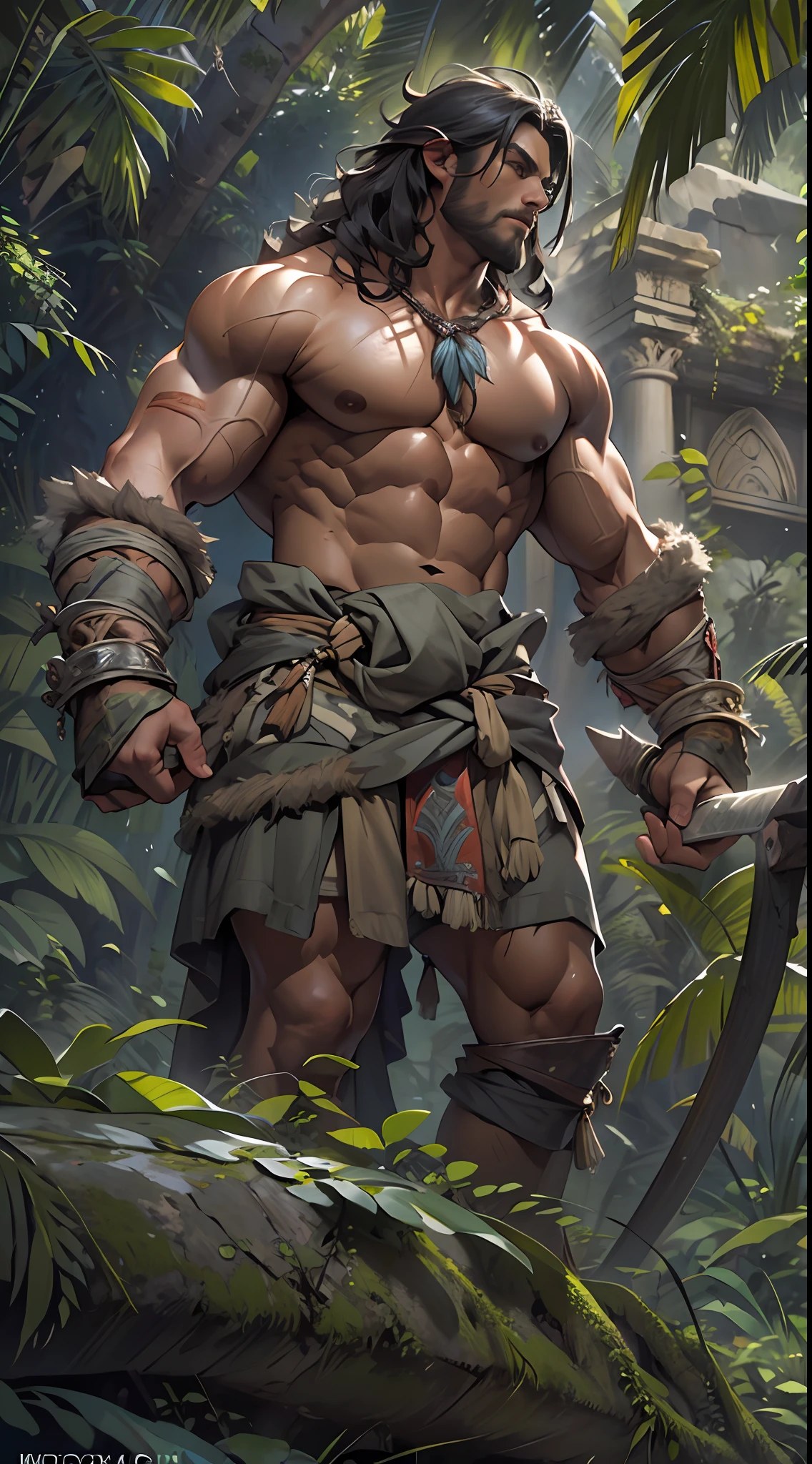 Muscular barbarian, partially  upper body, lower body uncovered from thighs to feet,, long flowing curls, intricate muscular details, photorealistic artwork, 4K quality. Background: Dense jungle with ancient ruins,32k uhd, best quality, masterpiece, super detail, high details