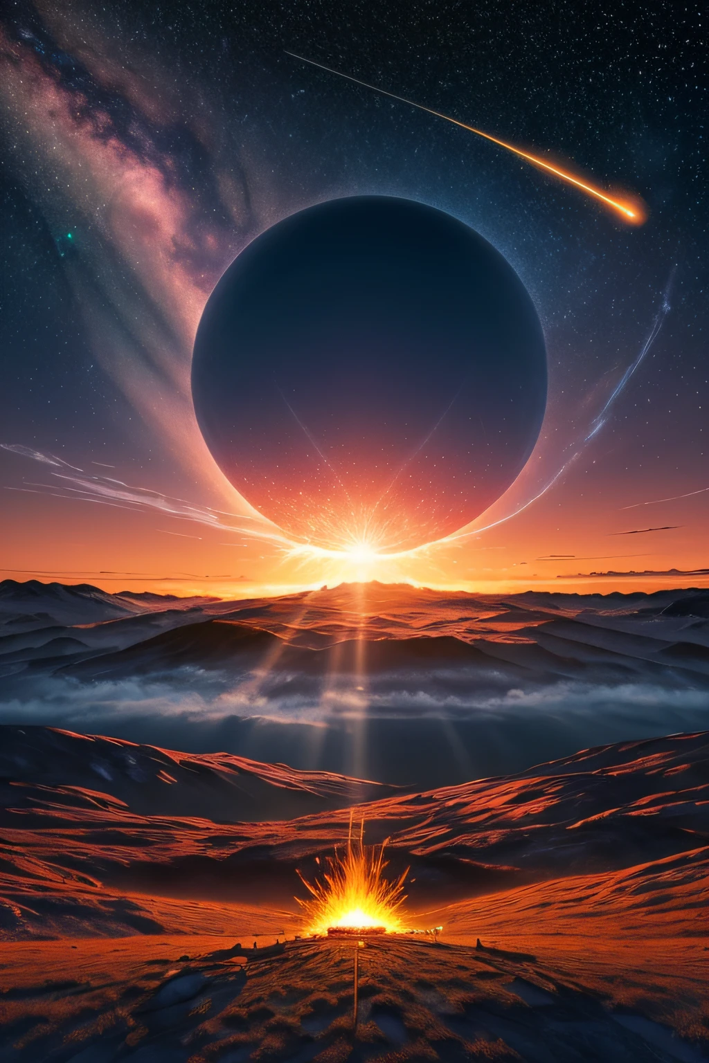 style1-fC, large glowing portal, star (sky), starry sky, fire, space, milky way, embers, shooting star, galaxy, sunset, night sky, explosion, sky, night, aurora, fireworks, light particles, burning, planet, twilight, flame, science fiction, starry background, sparks, snowing, dusk, gradient sky, skyline, earth (planet), sun, evening, no humans, scenery, orange sky, cloud, ruins, diffraction spikes, constellation, light, light rays, torch, sunrise