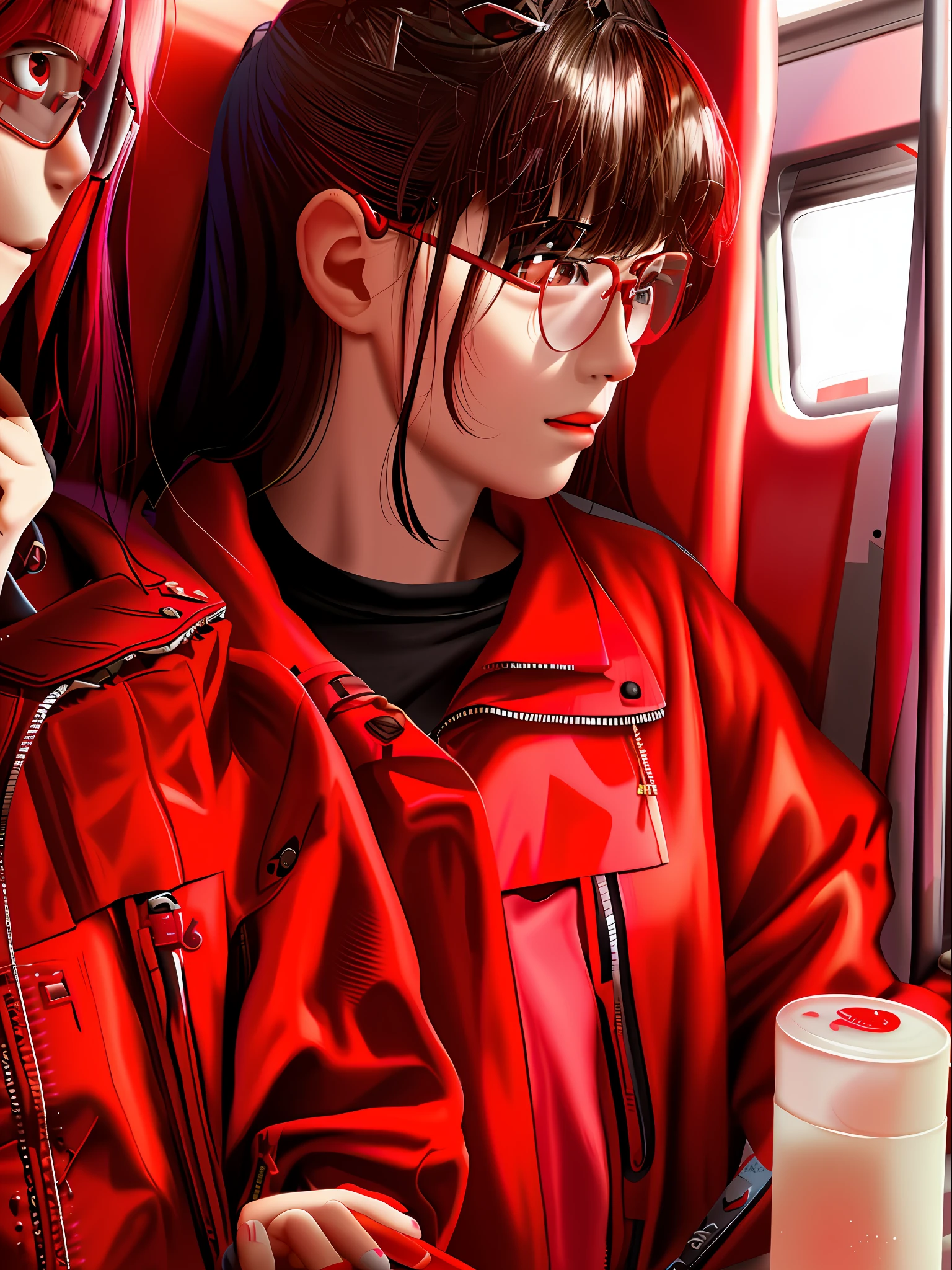 There were two women sitting side by side on the train, wearing small round glasses, wearing red jacket, wearing thin large round glasses, Li Zixin, 🤤 girl portrait, Red jacket, xintong chen, zmonzheng, ulzzangs, cool red jacket, 8K)), Student, Profile image, lofi girl aesthetic, young and cute girl