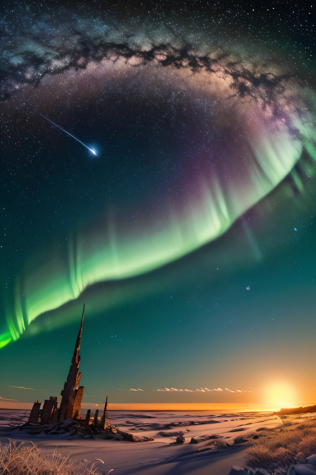 style1-fC,  large glowing portal, star (sky),  starry sky, fire, space, milky way, embers, shooting star, galaxy, sunset, night sky, explosion, sky, night, aurora, fireworks, light particles, burning, planet, twilight, flame, science fiction, starry background, sparks, snowing, dusk, gradient sky, skyline, earth (planet), sun, evening, no humans, scenery, orange sky, cloud, ruins, diffraction spikes, constellation, light, light rays, torch, sunrise
