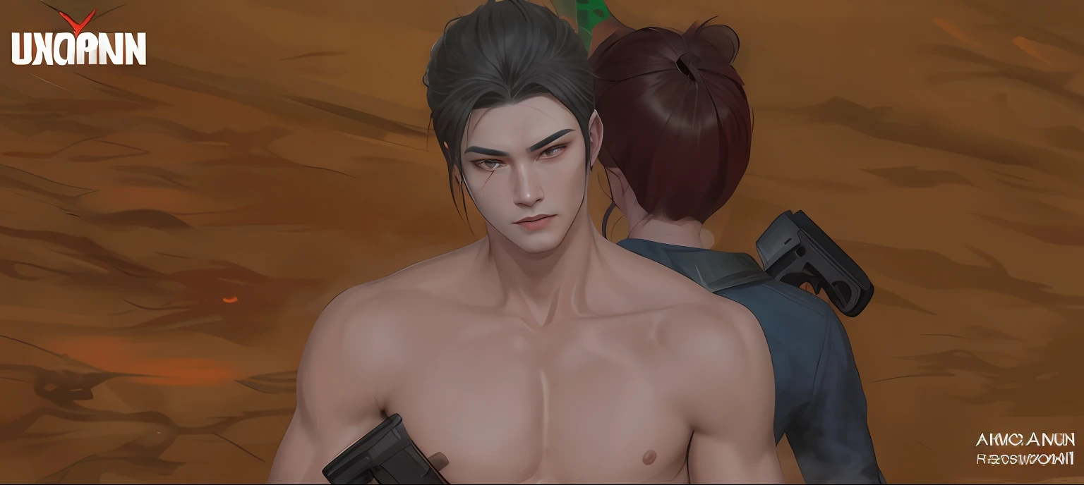 there is a man with a gun and a woman with a gun, evil devious male, nixeu and sakimichan, close up half body shot, ruan jia and brom, inspired by Sim Sa-jeong, extreme detail skin, second life avatar, south korean male, character close up, shirtless :: high detail, detailed skin