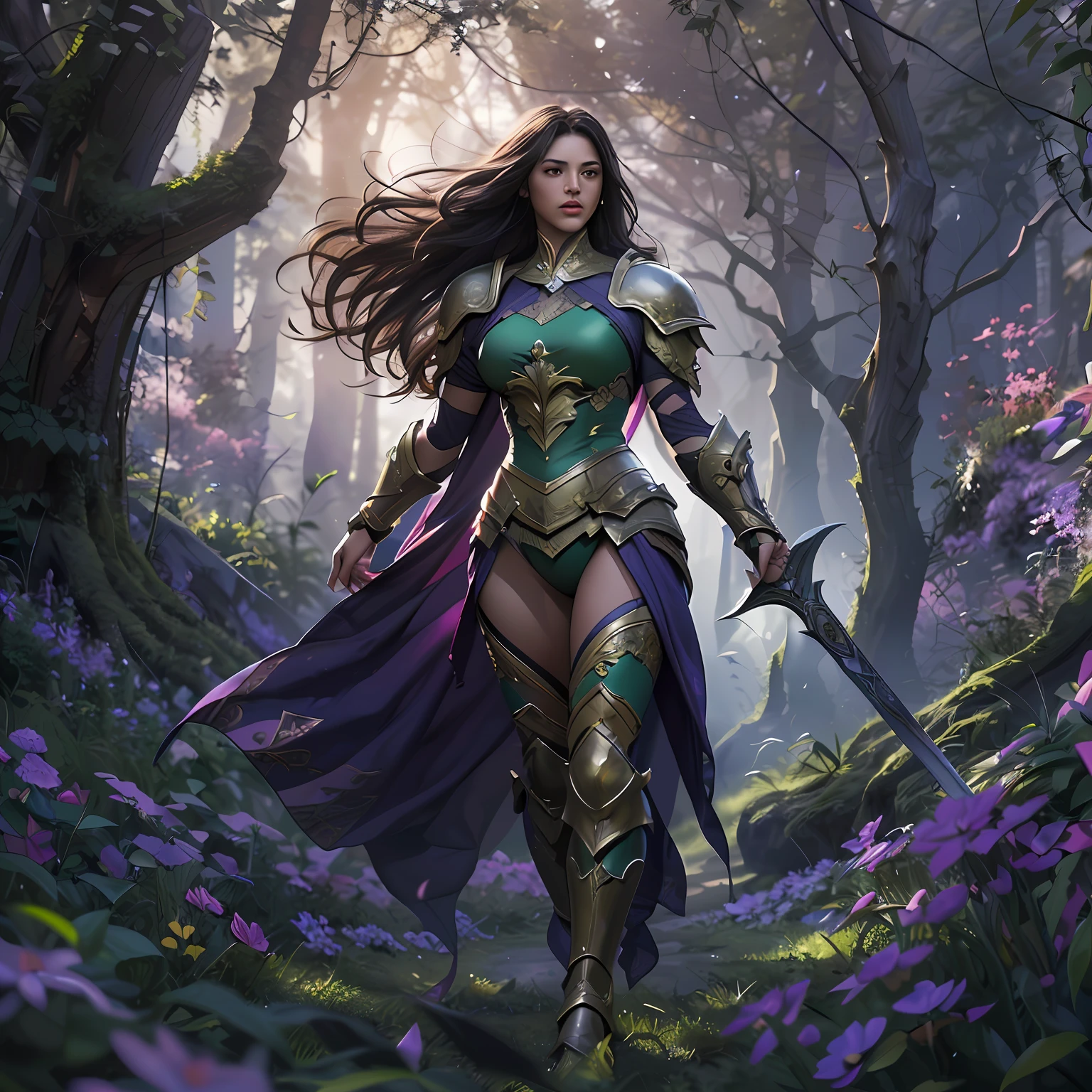arafed, high details, best quality, 8k, [ultra detailed], masterpiece, best quality, (extremely detailed), dynamic angle, ultra wide shot, RAW, photorealistic, fantasy art, dnd art, rpg art, realistic art, a picture of  female human holy warrior,  warrior of god, full body, ultra detailed face [[anatomically correct]] dynamic position (1.5 intricate details, Masterpiece, best quality) in dark fantasy cemetery (1.5 intricate details, Masterpiece, best quality), woman wearing bright armor, heavy armor (1.4 intricate details, Masterpiece, best quality), armed with radiant sword (1.3, masterpiece), purple cloak (1.3, masterpiece) holy symbol with [bright aura] (1.4), long hair, dark hair, green eyes intense eyes, dark cemetery background (1.5 intricate details, Masterpiece, best quality) dread atmosphere (1.6),  dawn light, divine rays (1.4 intricate details, Masterpiece, best quality), dynamic angle, (1.4 intricate details, Masterpiece, best quality) 3D rendering, high details, best quality, highres, ultra wide angle@EG1