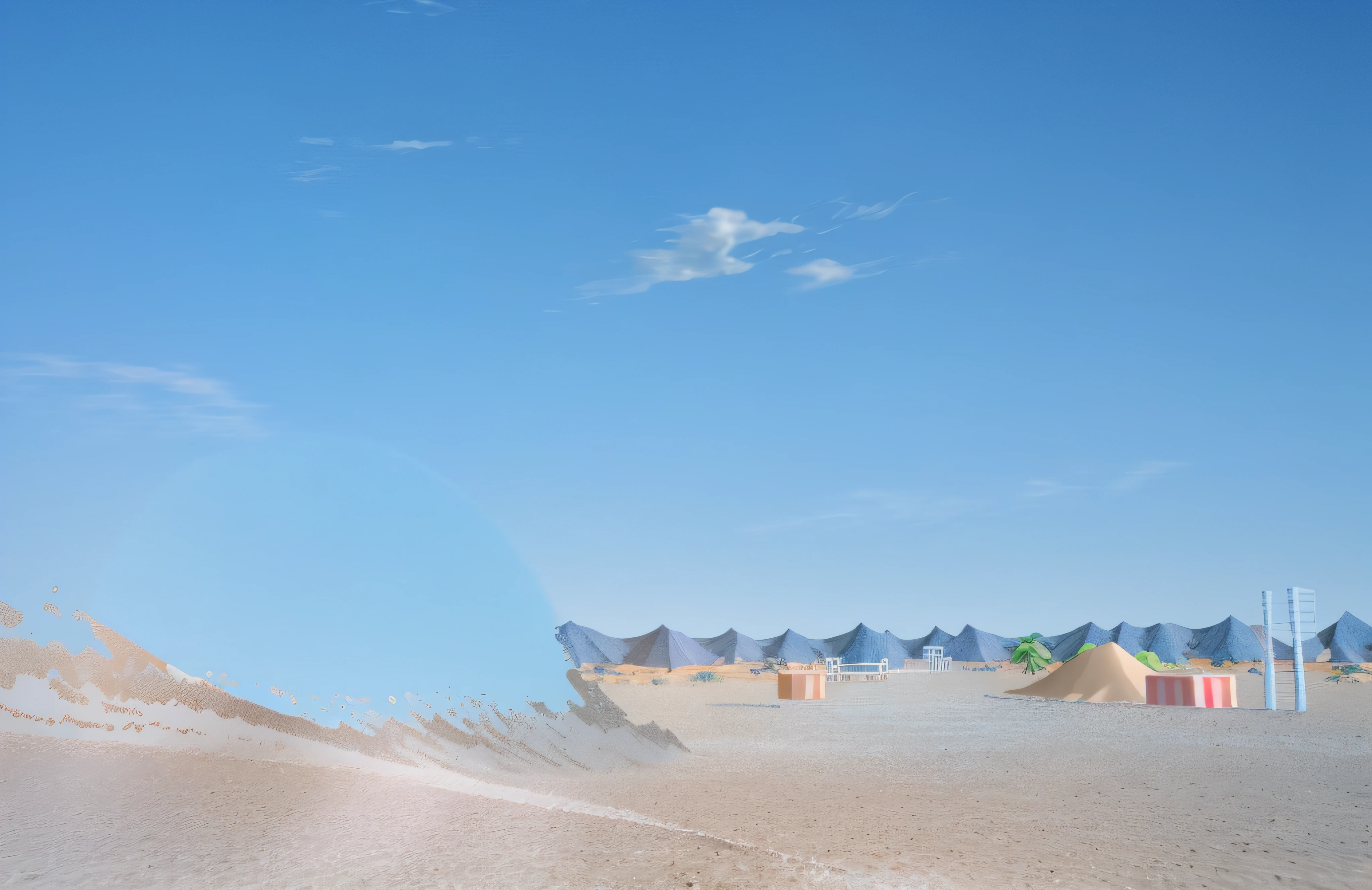 Anime cartoon 3d background,with blue sky and white clouds,Sand,rays of sunshine