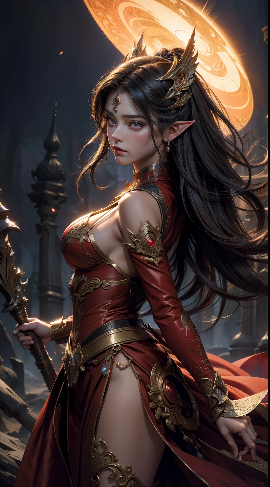 8k uld, masterpiece, bestquality, raw photo, realistic, beautiful girl, magic, very long hair, depth of vision, Highres, finely detailed, RAWExtremely detailed, extremely detailed eyes and face, sharp pupils, realistic pupils, cinematic lighting, detailed, perfect anatomy, a closeup of a woman with beautiful brown eyes face in a red costume with a dragon on her shoulder, red costume outfit, cinematic goddess body shot, majestic body full body angel, elegant cinematic pose, fantasy character, full body image, like a mystical valkyrie, detailed whole body, beautiful and elegant elf queen, unreal motor render, a goddess, grumpy lighting, glow, bright, mysterious, mystical, magical, rim lighting, vibrant, psychedelic, colorful, intricate, elegant, sharp focus, highly detailed, digital painting, conceptual art, matte, masterpiece, hyper detailed ultra sharp, vibrant aesthetic, blood wave, colorful, psychedelic, ornate, intricate, digital painting, conceptual art, smooth, sharp focus, illustration, beautiful female,