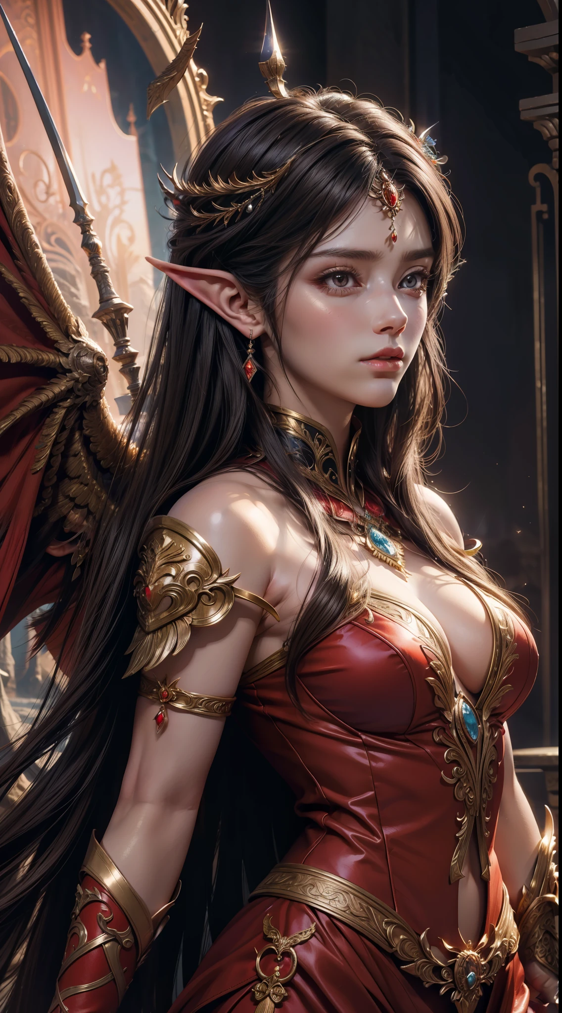 8k uld, masterpiece, bestquality, raw photo, realistic, beautiful girl, magic, very long hair, depth of vision, Highres, finely detailed, RAWExtremely detailed, extremely detailed eyes and face, sharp pupils, realistic pupils, cinematic lighting, detailed, perfect anatomy, a closeup of a woman with beautiful brown eyes face in a red costume with a dragon on her shoulder, red costume outfit, cinematic goddess body shot, majestic body full body angel, elegant cinematic pose, fantasy character, full body image, like a mystical valkyrie, detailed whole body, beautiful and elegant elf queen, unreal motor render, a goddess, grumpy lighting, glow,  bright, mysterious, mystical, magical, rim lighting, vibrant, psychedelic, colorful, intricate, elegant, sharp focus, highly detailed, digital painting, conceptual art, matte, masterpiece, hyper detailed ultra sharp, vibrant aesthetic, blood wave, colorful, psychedelic, ornate, intricate, digital painting, conceptual art, smooth, sharp focus, illustration, beautiful female,