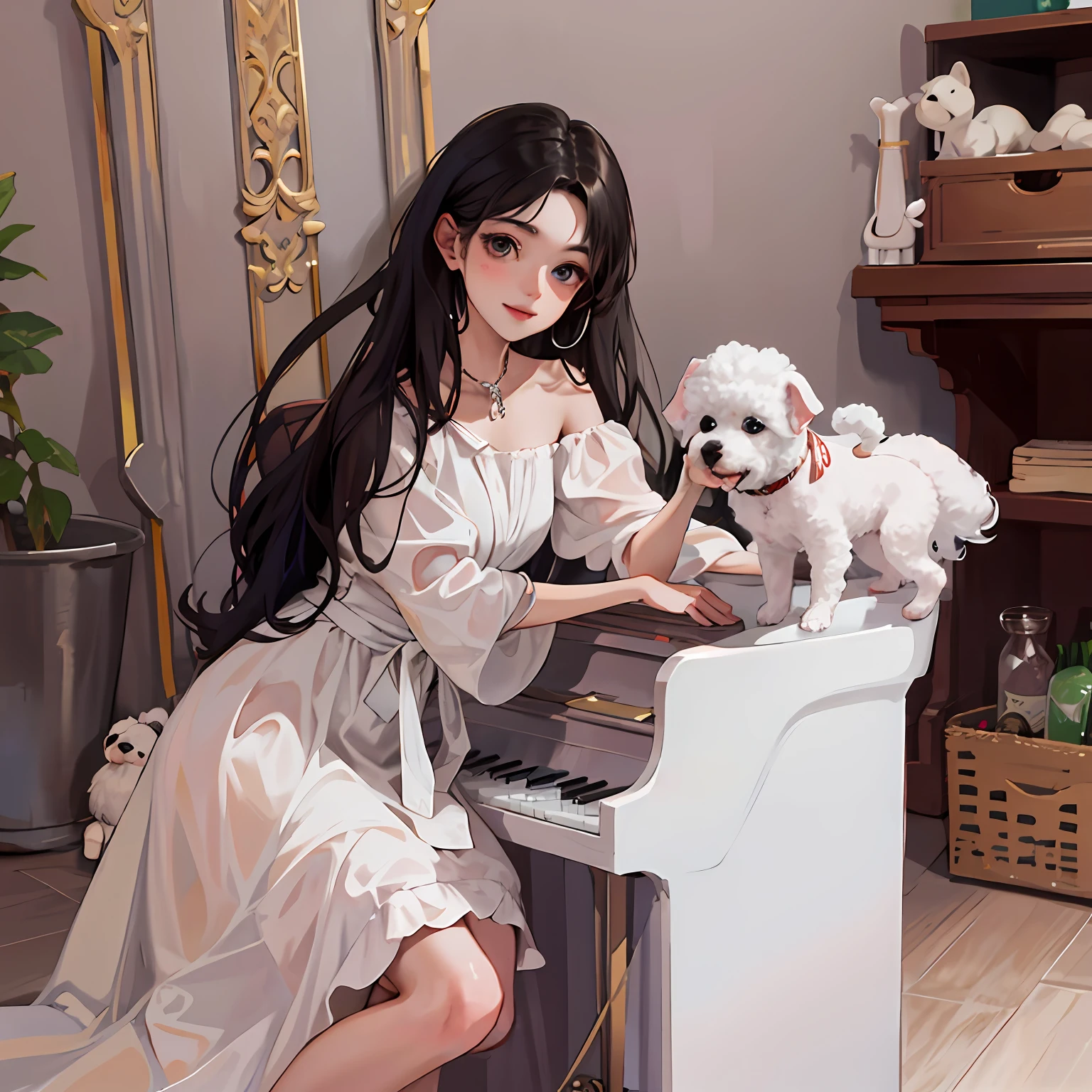 There was a woman sitting at the piano，A white curly puppy，Bichon Terrier