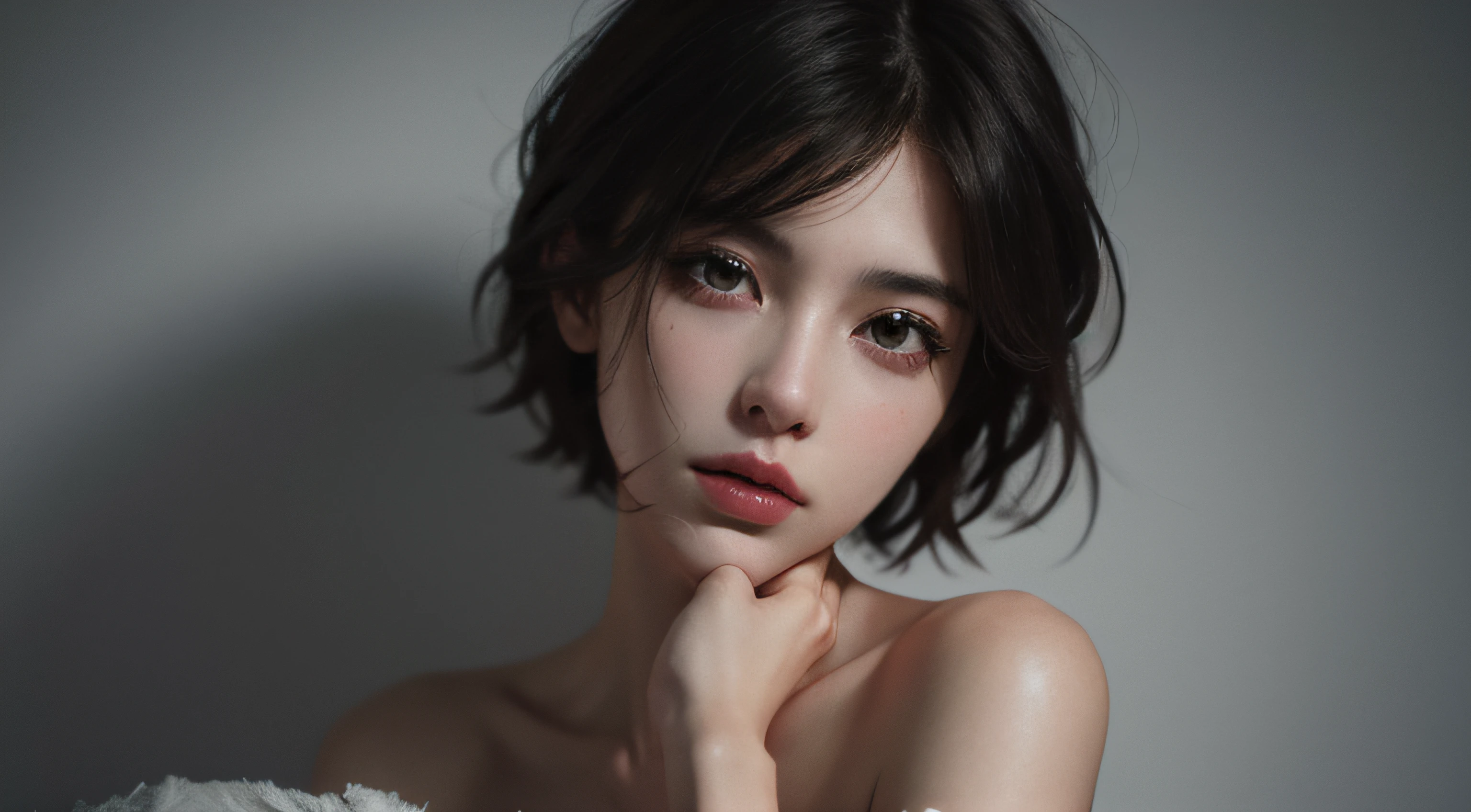 Best quality, masterpiece, ultra high res, (photorealistic:1.5), raw photo, 1girl, offshoulder, in the dark, deep shadow, low key, cold light, sexy look, short hair