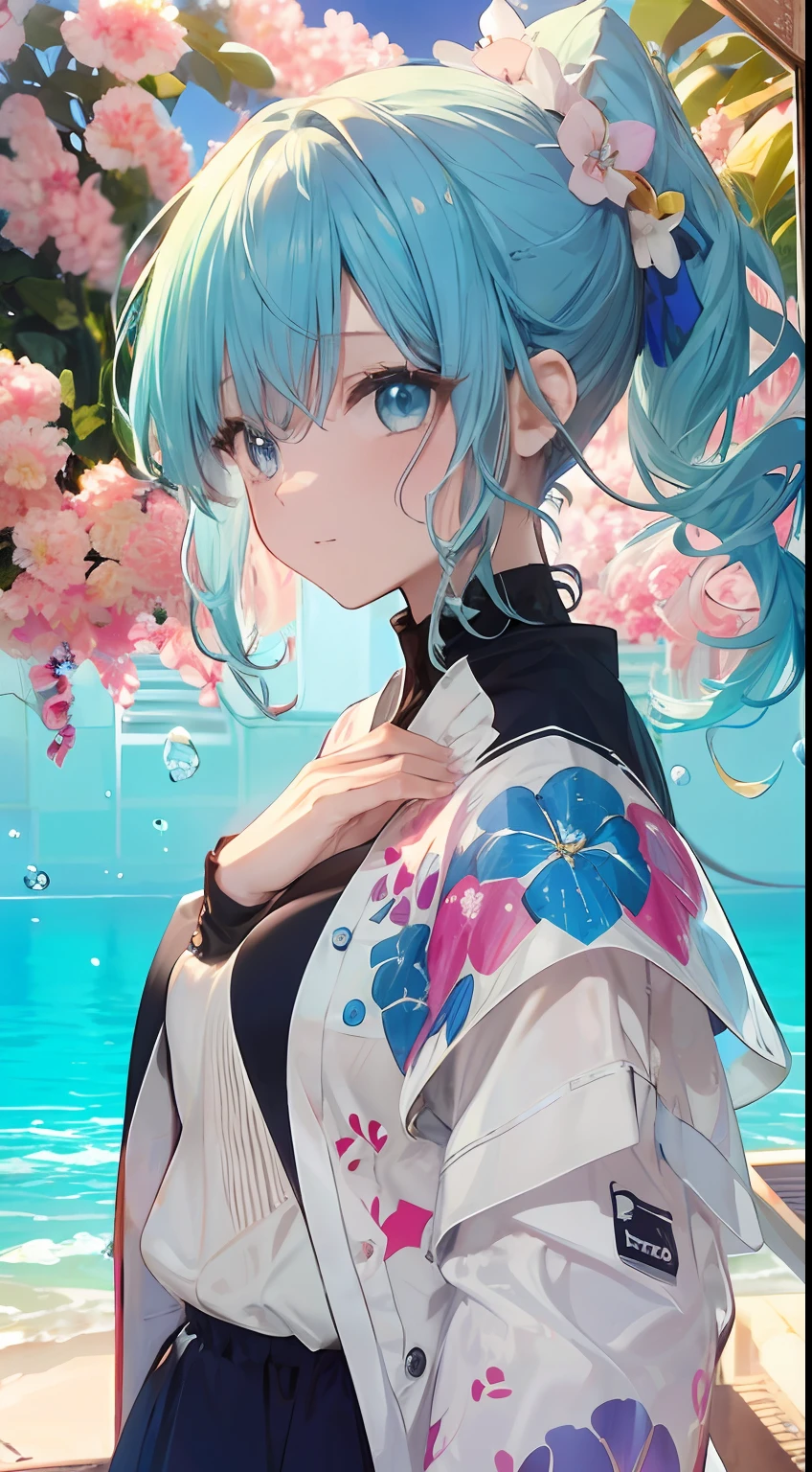 (a masterpiece、), (Bestquality), (Ultra detailed),(Disheveled hair),(illustration、、), (1 girl), (Fashionable clothing), standing, Fashion model, View Viewer, (interview), (simple background),Beautiful Detailed Eyes, delicate beautiful face, Floating,(High Saturation),(colorful splashes),colorful bubble,(Shiny,), focus on face, ponytail, kamisato ayaka, light blue hair, bangs, hair ring, floating flowers, floating hairs, (Shiny,), Best Illumination, best shadows,tears