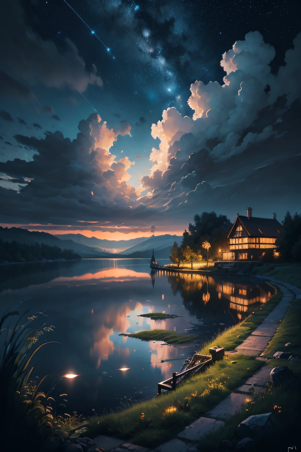 (highly detailed), ((masterpiece)),(Impasto), intricate, digital painting,shadow ,landscapes , fantasy,delicate grassland,(piers:1.3),(lake:1.3),(villiage:1.2),lights,clear sky ,wind ,beautiful sky ,cumulus ,(night star)