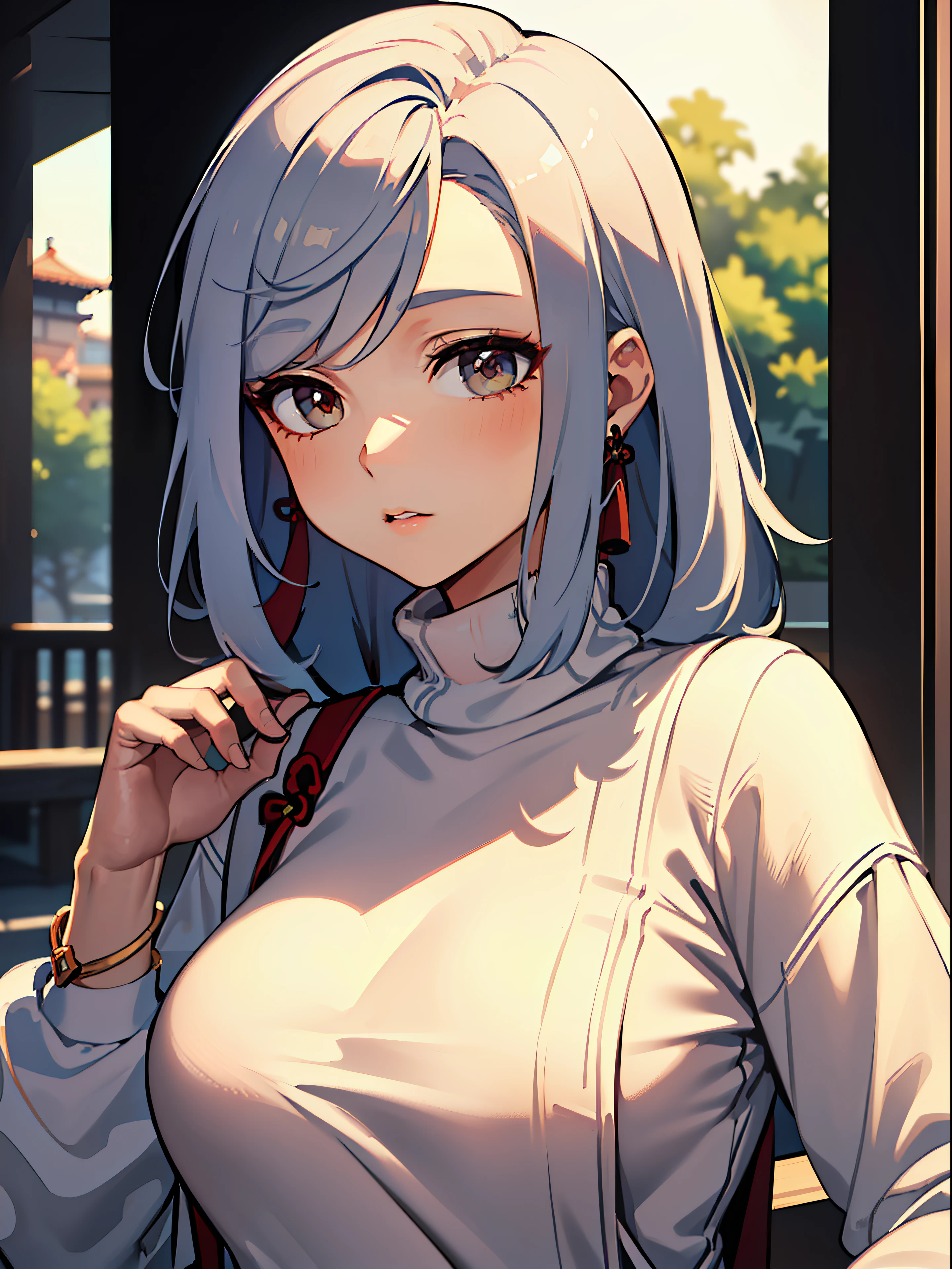 "Create a stunning masterpiece of Shenhe from Genshin Impact, showcasing her in a contemporary and casual setting. Focus on her solo portrait, highlighting her beautiful earrings and jewelry. She should be wearing a cozy sweater with tassels. Ensure the image has the best quality and attention to detail."