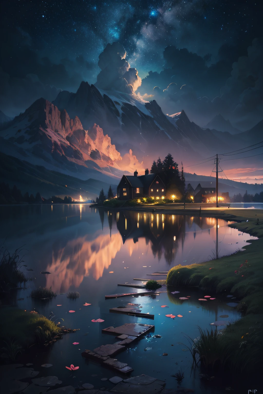 (highly detailed), ((masterpiece)),(Impasto), intricate, digital painting,shadow ,landscapes , fantasy,delicate grassland,(piers:1.3),(lake:1.3),(villiage:1.2),lights,clear sky ,wind ,beautiful sky ,cumulus ,(night star)