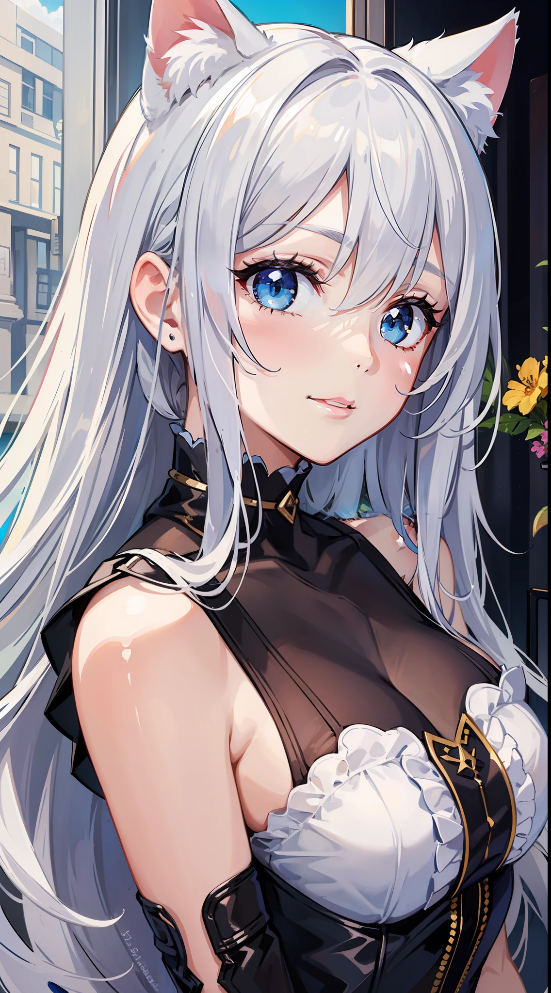 young girl, Long white hair, cat ears, cat tail, blue eyes, Blue luxurious tight dress, ssmile, Masterpiece, hiquality