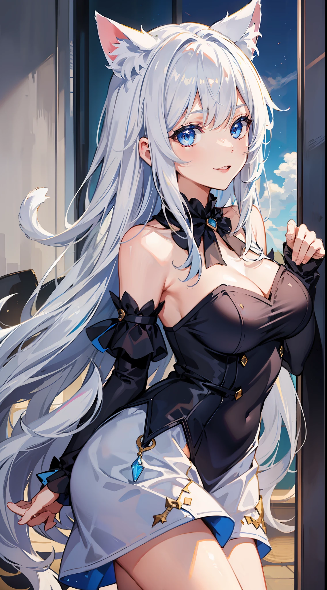 young girl, Long white hair, cat ears, cat tail, blue eyes, Blue luxurious tight dress, ssmile, Masterpiece, hiquality