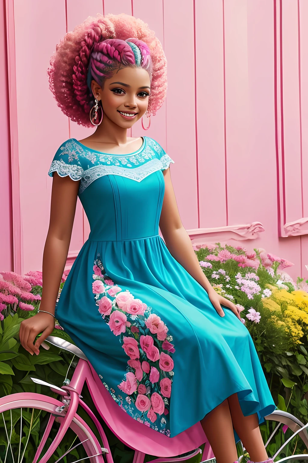 (64 mil, Foto RAW, melhor qualidade, obra-prima: 1.2), ultra-detalhado, arte formal, renderizado: 1.37, foto na parte superior do corpo, (menina 7anos) ((BRASILEIRA AFRO DESCENDENTE NEGRA ALBINA),Beleza, Barbie,sorrindo e ele sorri, pose sentada em uma bicicleta (AZULROYAL E ROSA,num (vestido Pink eRosa florido estilo Princesa) lindo )florido )Rosa),azul e Rosa de alfaiataria brilhante,Cheio de flor cor-de-rosa)muitas flor)is colorful),pink and ((Hair with braids)l) rosa),Borboletas )and birds),detalhes,rosas,flores),detalhes