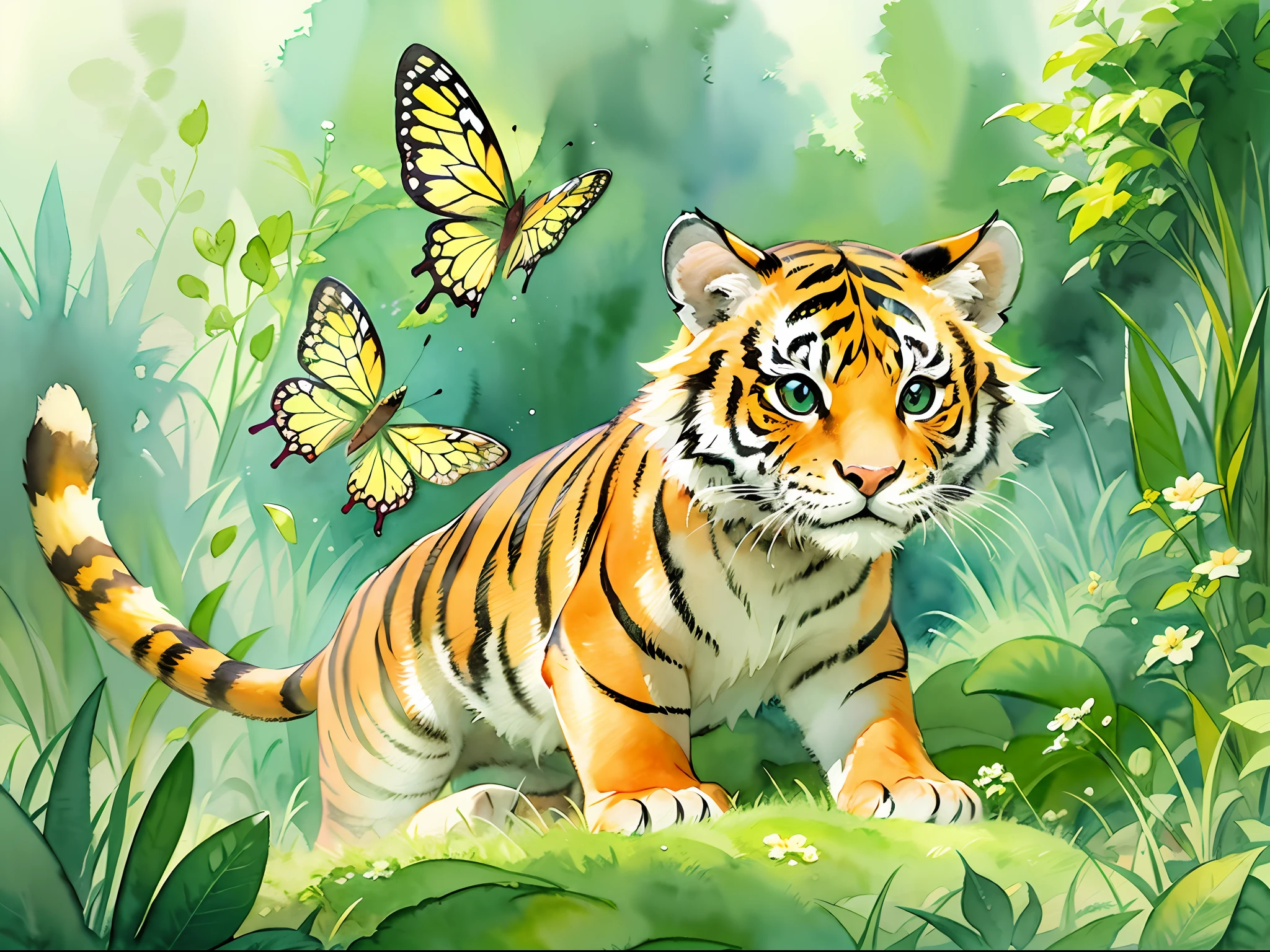 Fairy tale picture book，Two-dimensional drawing，the watercolor style，watercolor paiting，ink，The little tiger jumps up to catch the butterfly，Cartoony，Dumb cute，cute-style，Flat pattern，high qulity，16K resolution，（best qualtiy），（tmasterpiece），super-fine，Detailed pubic hair，Accurate