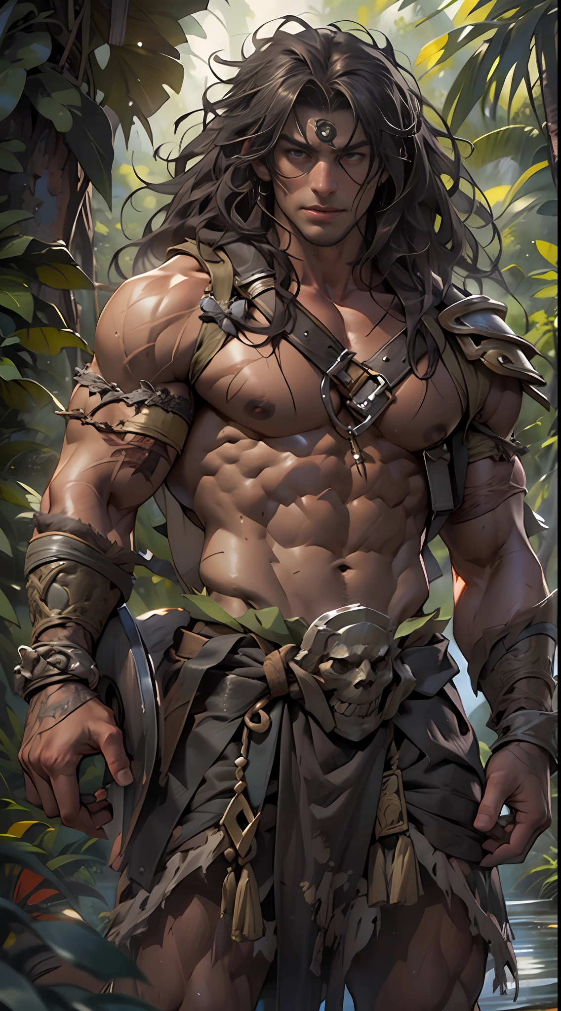 Muscular barbarian, partially upper body, lower body uncovered from thighs to feet,, long flowing curls, intricate muscular details, photorealistic artwork, 4K quality. Background: Dense jungle with ancient ruins,32k uhd, best quality, masterpiece, super detail, high details