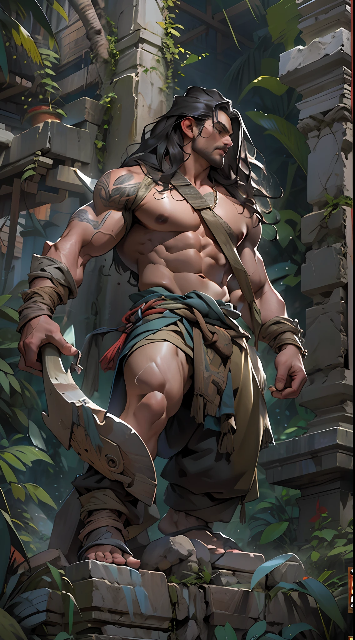 Muscular barbarian, partially  upper body, lower body uncovered from thighs to feet,, long flowing curls, intricate muscular details, photorealistic artwork, 4K quality. Background: Dense jungle with ancient ruins,32k uhd, best quality, masterpiece, super detail, high details