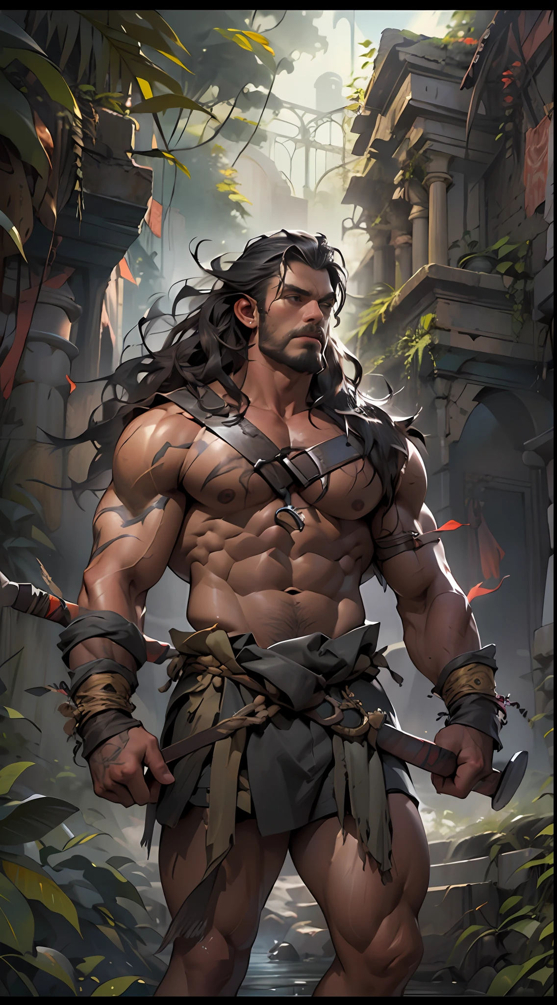 Muscular barbarian, partially  upper body, lower body uncovered from thighs to feet,, long flowing curls, intricate muscular details, photorealistic artwork, 4K quality. Background: Dense jungle with ancient ruins,32k uhd, best quality, masterpiece, super detail, high details