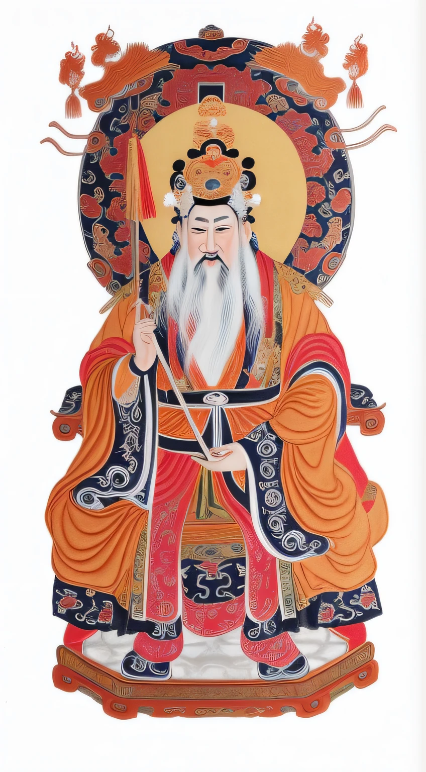 Close-up of a painting of a man sitting on a throne, Taoist, inspired by Wu Daozi, God of Wealth, Taoist master, chi-gong, white-haired god, Daoism, Taoism, Inspired by Hu Zaobin, by Xuande Emperor, the god emperor of mankind, taoist robe, hua cheng