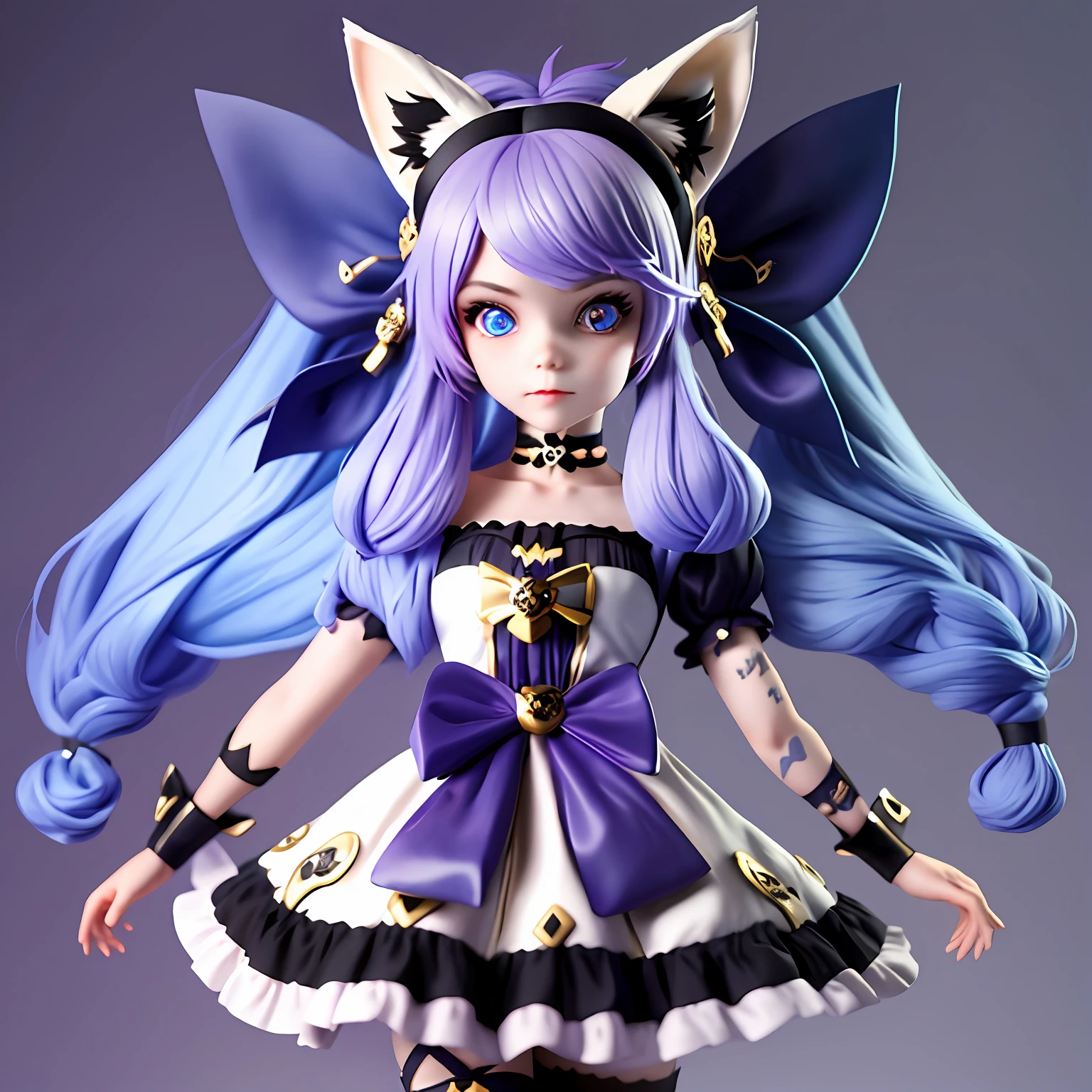 A girl with long purple hair and blue eyes with fox ears and tail is wearing a ****ta style outfit with a black double skull headband