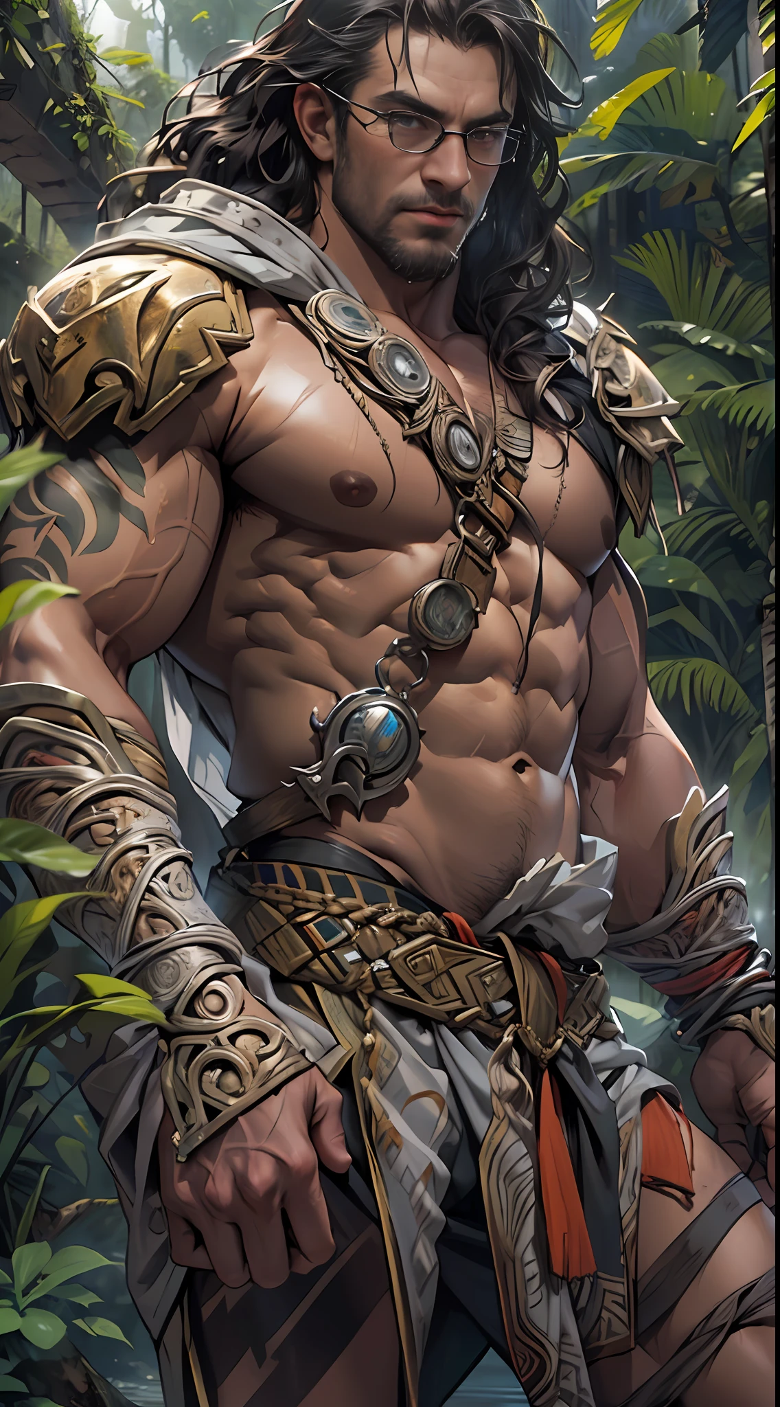 Muscular barbarian, partially upper body, lower body uncovered from thighs to feet,, long flowing curls, intricate muscular details, photorealistic artwork, 4K quality. Background: Dense jungle with ancient ruins,32k uhd, best quality, masterpiece, super detail, high details