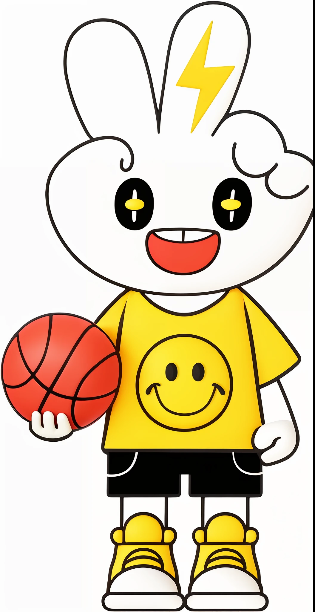 Cartoon character holding a basketball, com mascot, Wear a yellow T-shirt, cute character, BT21, Cartoon Cute, basketball, character design, made in illustrator, smiley, happy appearance,3Drenderingof,C4D,a blind box toy,IP,k hd,High degree of reduction,Do not stroke,white backgrounid