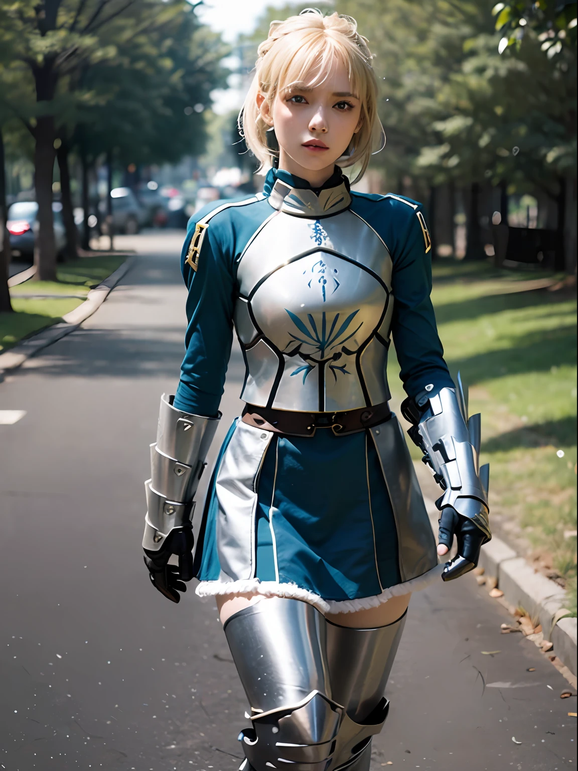 1girl, aasaber, green eyes, blonde hair, ahoge, gauntlets, (masterpiece:1.2), (ultra detailed), (8k, intricate), (85mm), (highly detailed:1.2), full body, (rule of third_composition:1.3), (Line of action:1.2), daylight, solo