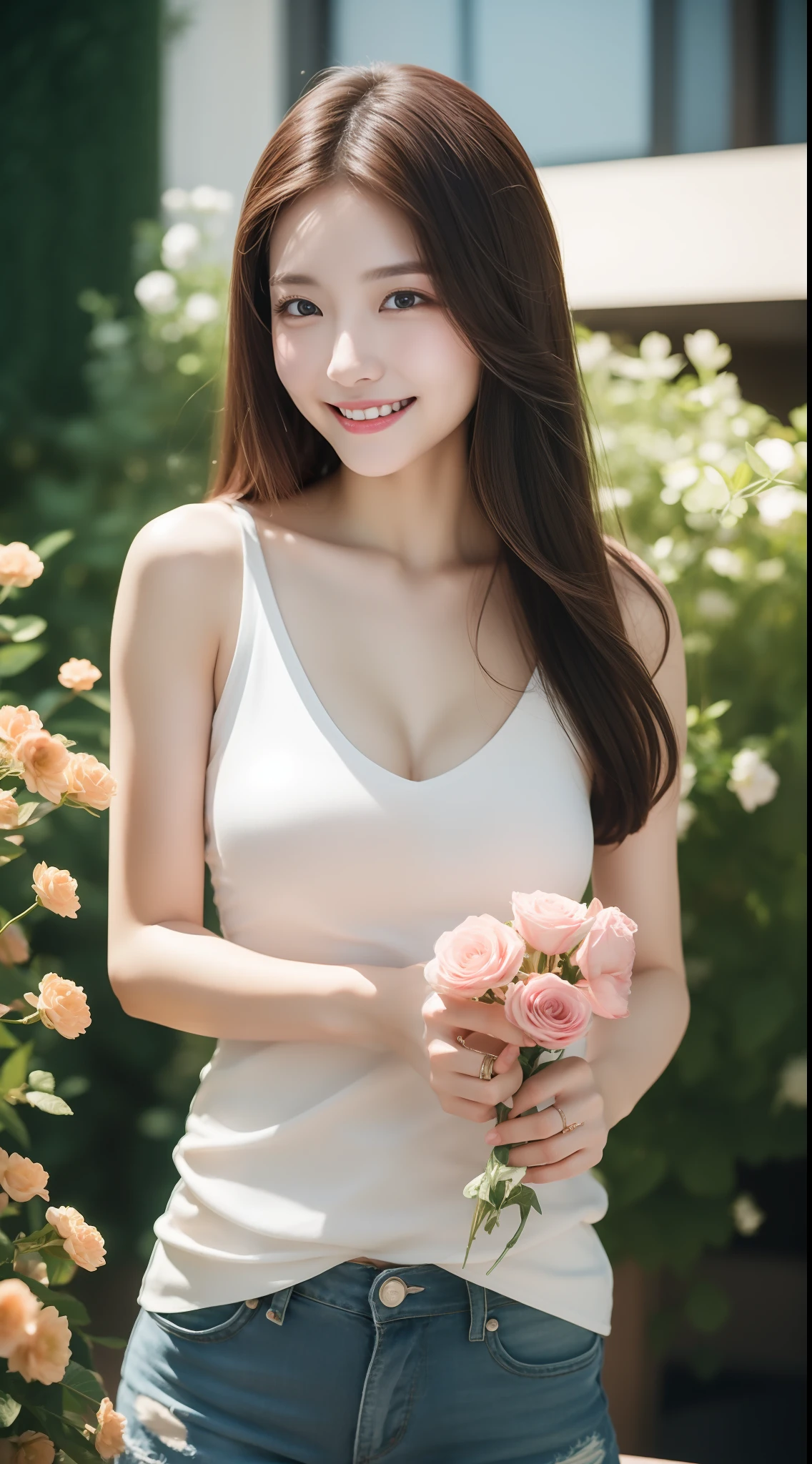 realistic photos of (1 cute Korean star) straight hair, thin makeup, 32 inch breasts size, slightly smile, wearing colourful v-neck tank top, shorts, holding bunch of flowers, carousel is backdrop, first-person view, Sony FE GM, 85mm, cinematic lighting, ccurate