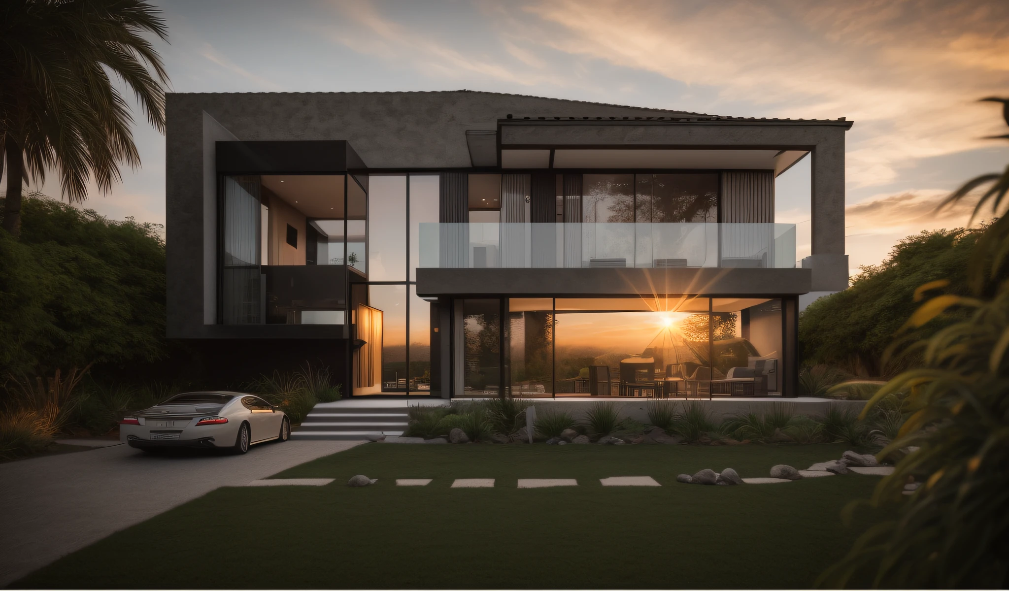 masterpiece, (photorealistic:1.2), best quality, ultra high res,exterior, modern villa , daylight, render Vray, (high quality), real,(realistic), super detailed, (full detail),(4k),8k, no humans, street house, outdoors,day, sky, palm tree, hdr, arcdayly, grass, sky, day,window, reflective glass, car, dvArchModern, 85mm, f1.8, portrait, photo realistic, hyperrealistic, orante, super detailed, intricate, dramatic, sunset lighting, shadows, high dynamic range
