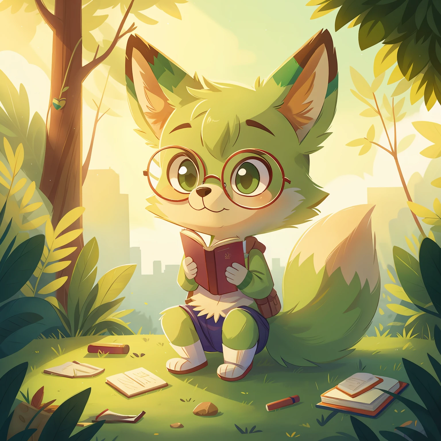 Q version of the cute green fox,Holding a book and wearing glasses