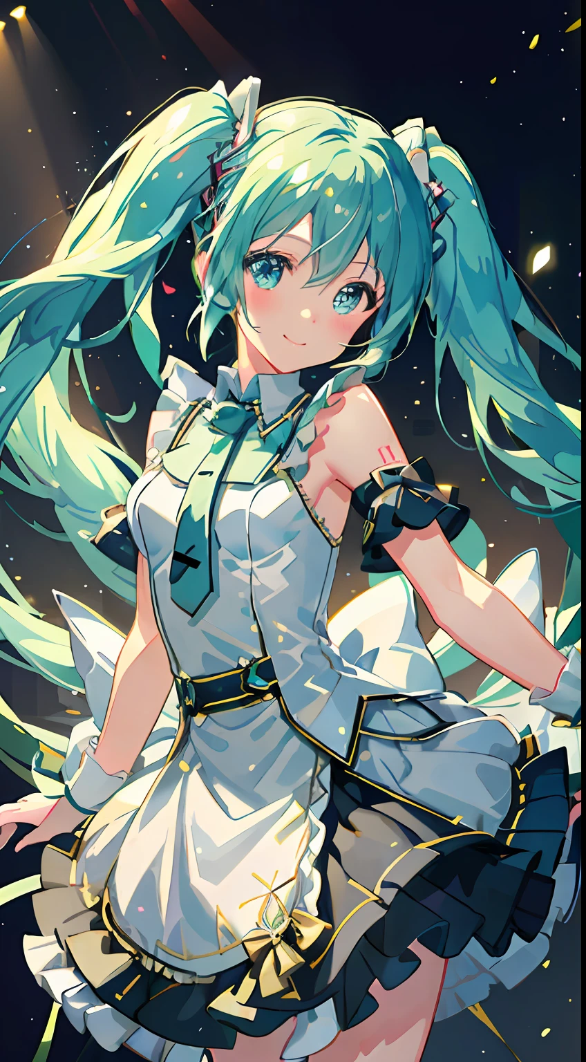 masterpiece, best quality, ultra-detailed, illustration, an extremely delicate and beautiful,
1girl, solo, light smile,
Hatsune Miku,twintails,(live stage), Particles of Light,