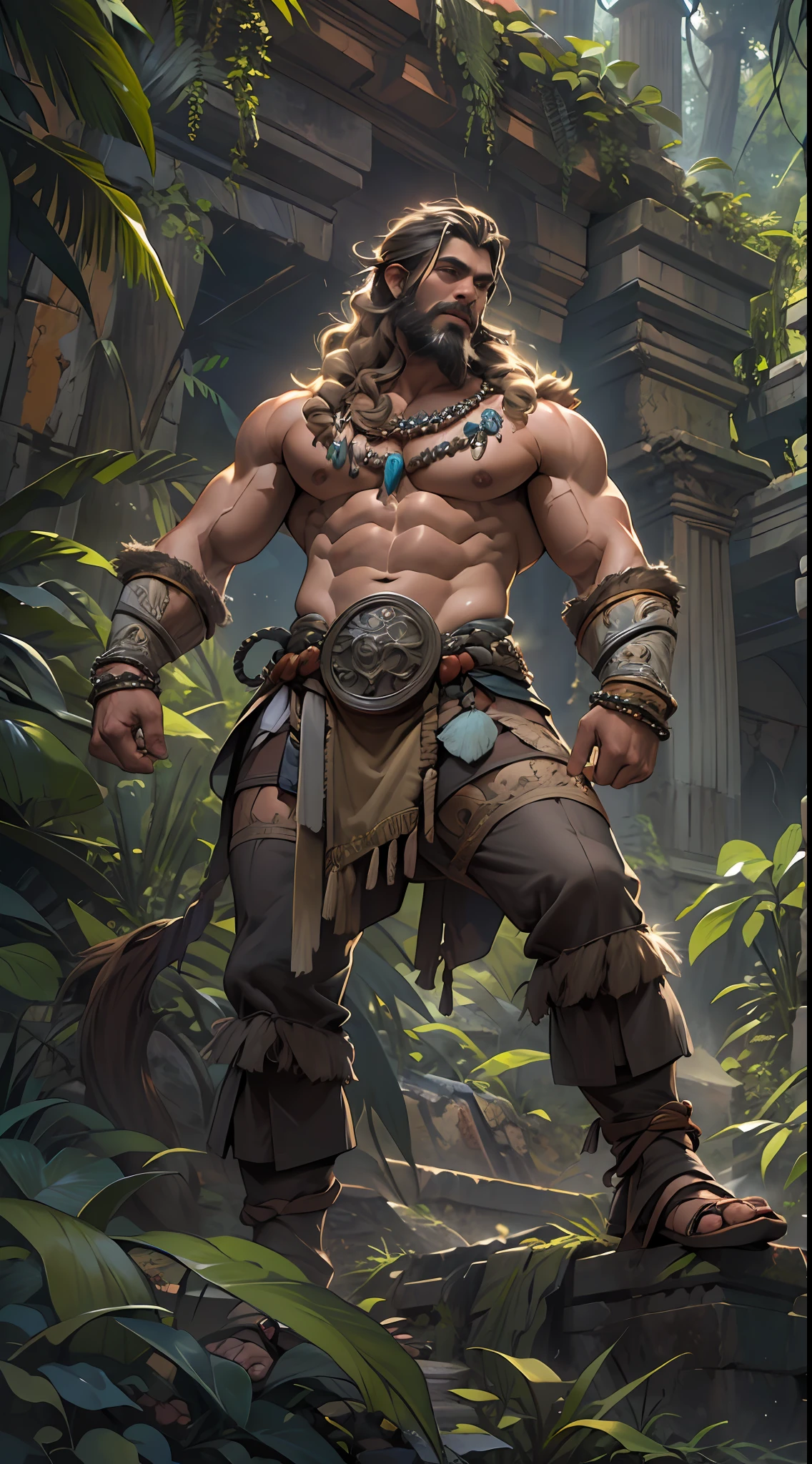 Muscular barbarian, partially  upper body, lower body uncovered from thighs to feet, bearded with beads, long flowing curls, intricate muscular details, photorealistic artwork, 4K quality. Background: Dense jungle with ancient ruins,32k uhd, best quality, masterpiece, super detail, high details