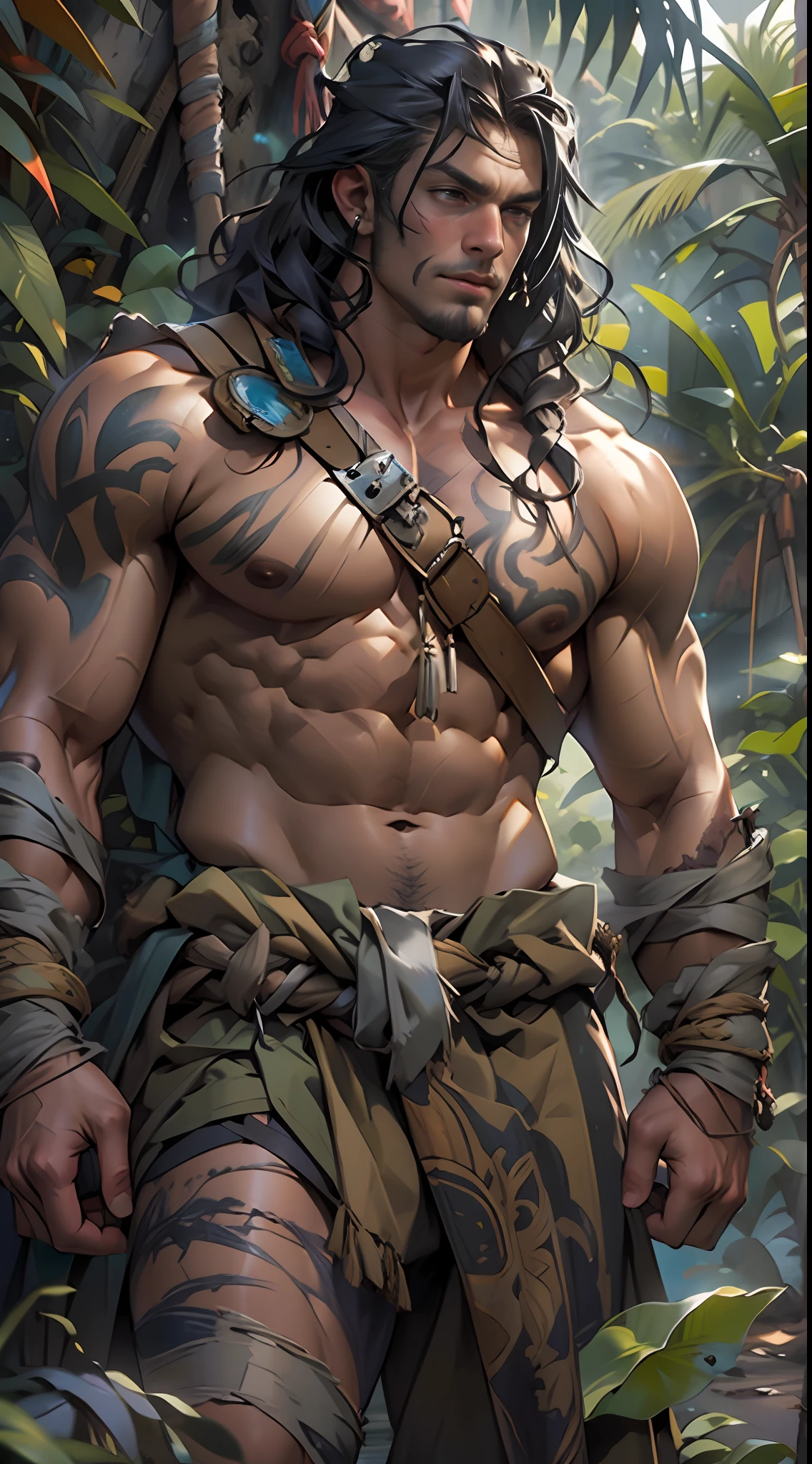 Muscular barbarian, partially  upper body, lower body uncovered from thighs to feet,, long flowing curls, intricate muscular details, photorealistic artwork, 4K quality. Background: Dense jungle with ancient ruins,32k uhd, best quality, masterpiece, super detail, high details