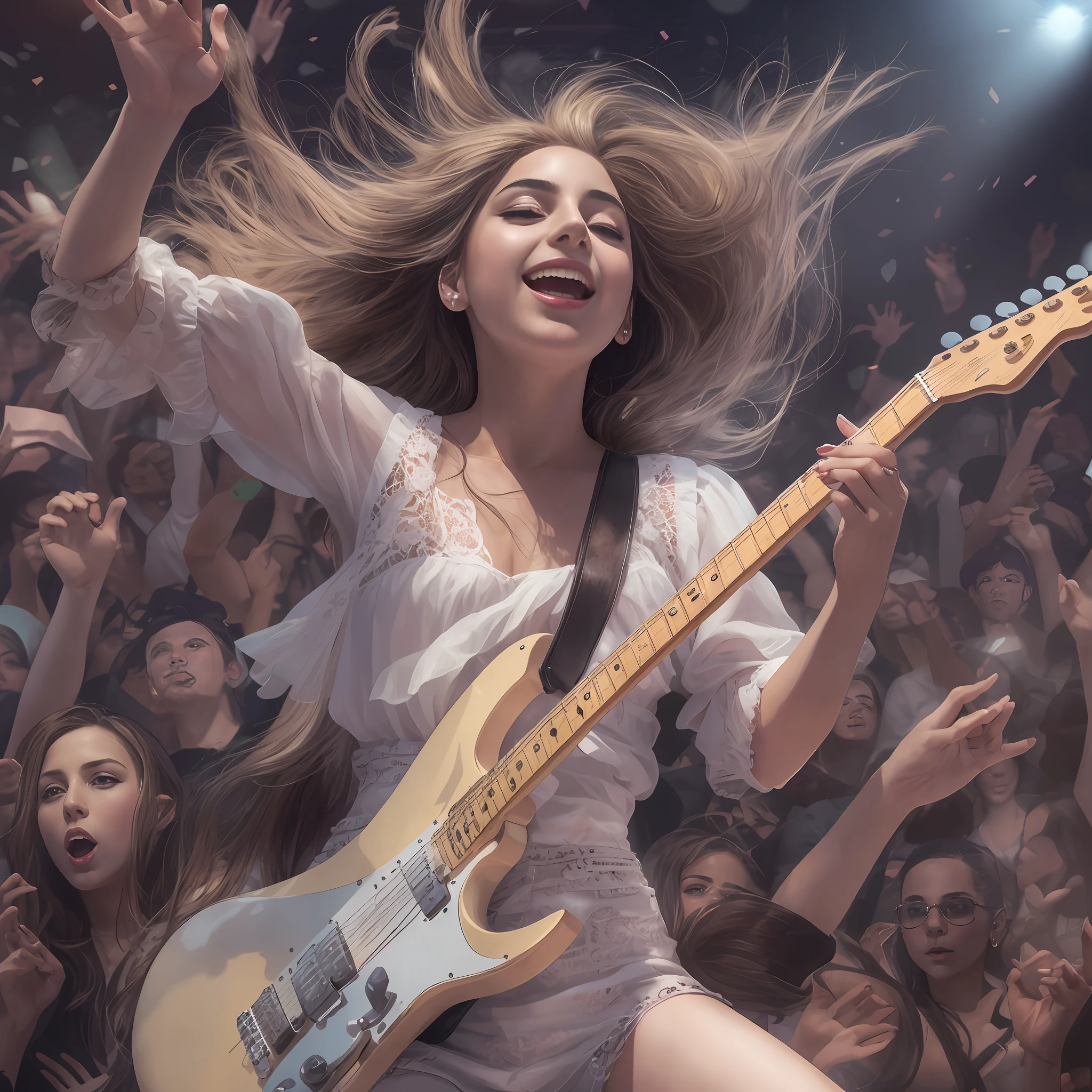 absurdres,1girl,an extremely delicate and beautiful girl,best illustration,dynamic angle,floating hair,electric guitar,Gaga,Exciting,Rock'n' Roll,The audience raised their hands,cheer,
