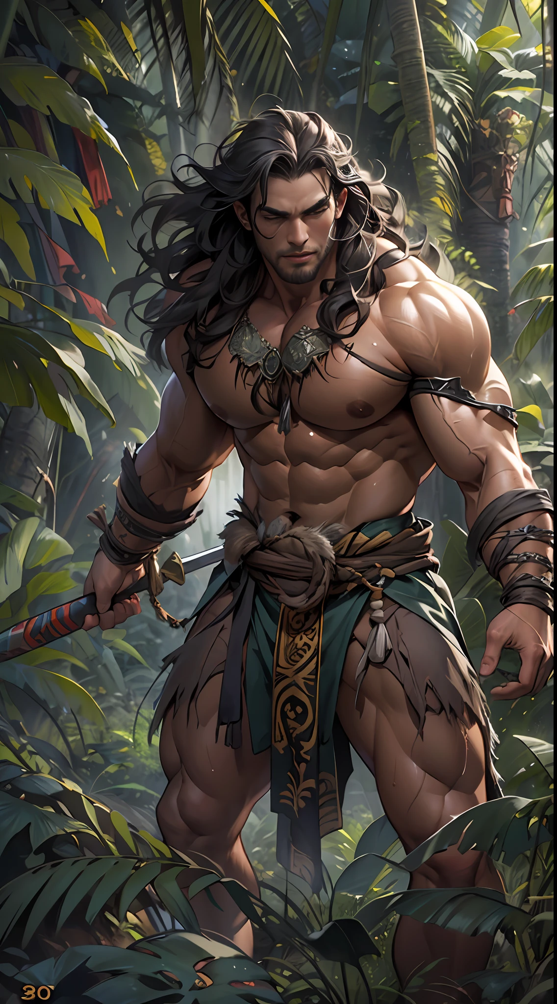 Muscular barbarian, partially  upper body, lower body uncovered from thighs to feet,, long flowing curls, intricate muscular details, photorealistic artwork, 4K quality. Background: Dense jungle with ancient ruins,32k uhd, best quality, masterpiece, super detail, high details