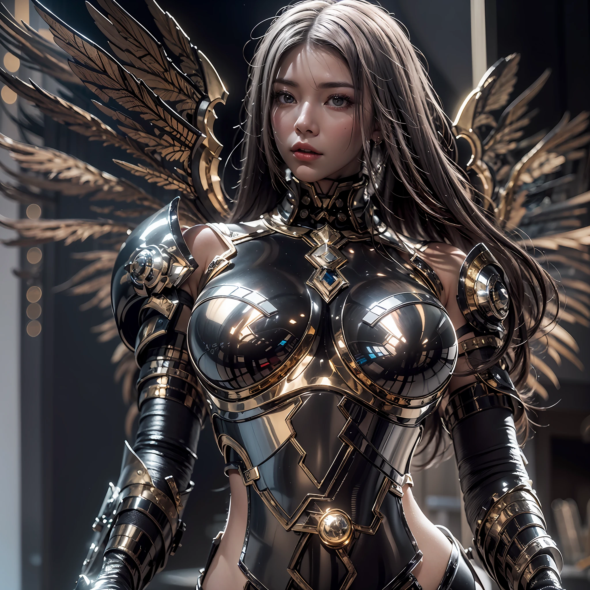 1girll，Dark Angel Warrior，(((On the back there is a pair of large black half-body wings)))，Black titanium，Metal wings，（（Metal wings）），（（Black gold metal armor）），high detal，（beautifulface），Perfect facial features，red tinted hair，Black and gold greatsword，Futuristic technical background，apathy、Aloof、On the high horse，atmospurate、macro，Realistis，hdr（HighDynamicRange）、Ray traching、NVIDIA RTX、Hyper-Resolution、illusory 5、sub surface scattering、post-proces、Anisotropy Filtering、depth of fields、maximum definition and sharpness，Surface coloring、Accurately simulate light-material interactions、perfectly proportions、rendering by octane、largeaperture、Low ISO、White balance、the rule of thirds、8K raw data、lightand shade contrast