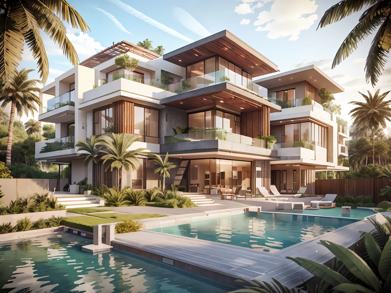 a rendering of a modern house with a pool and a balcony, exterior design, concept house, overall architectural design, residential design, architectural concept, contemporary house, frontview, complete house, neotraditional modern, inter dimensional villa, architectural concepts, realistic concept, one house, 3d rendering, 3 d rendering, front elevation view, detailed rendering, architectural render