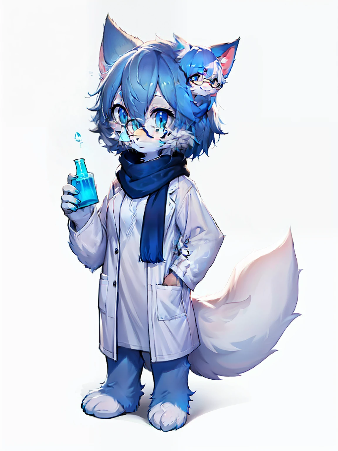Anime character with arctic fox ears wearing lab coat and blue scarf,Arctic fox with fluffy blue fur and tail,Wear half-rimmed glasses,Arctic fox beauty in lab coat, Fox scientist, professional furry drawing,female fursona