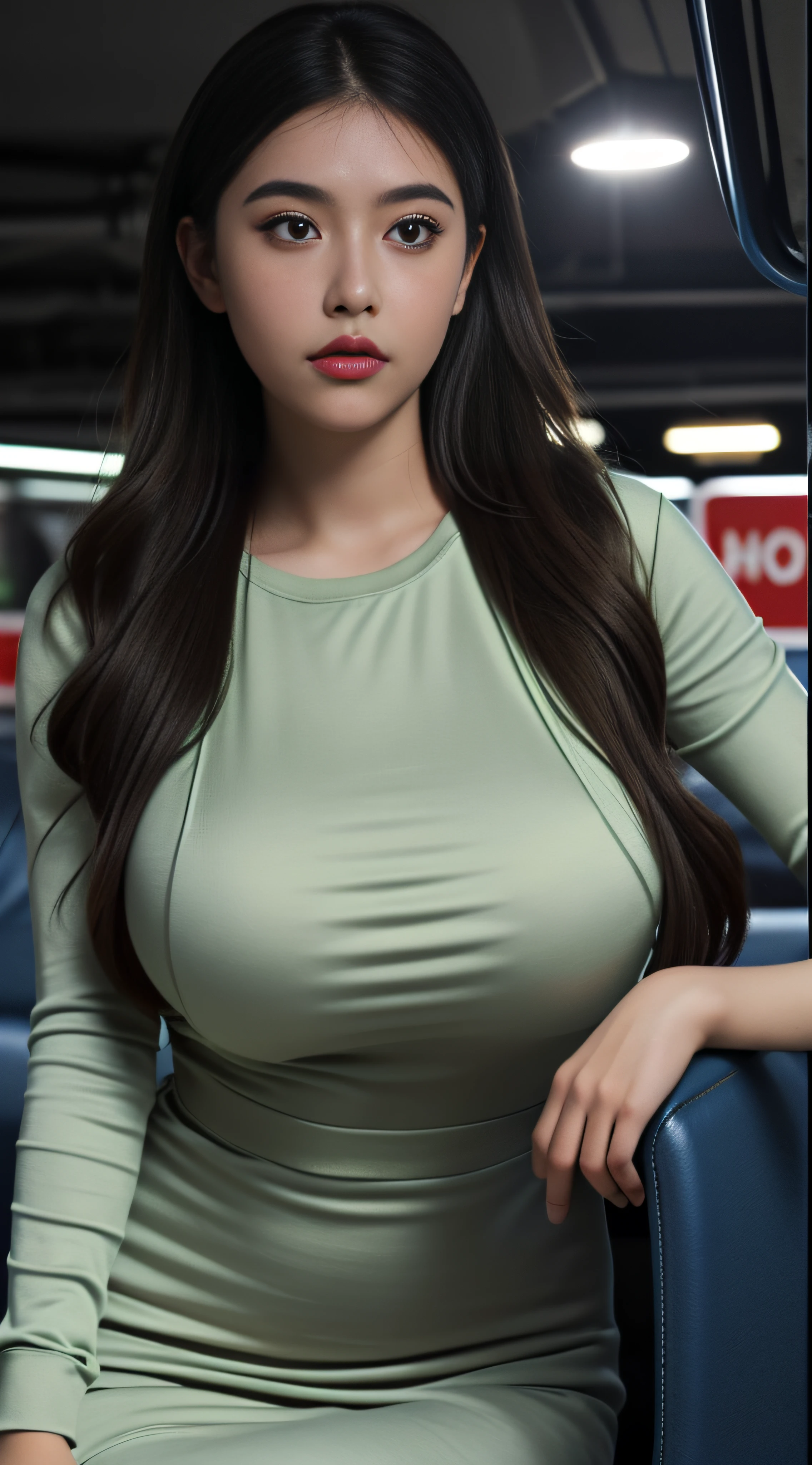 (Extremely detailed, In the underground car park, Obese, plumw, Bigchest, Gigantic big tits, Refined face, sexy for, Wearing a light green crewneck dress, Skinny jumpsuit, k hd, Close-up Shot Shot, photorealistic perfect body, very very very realistic)