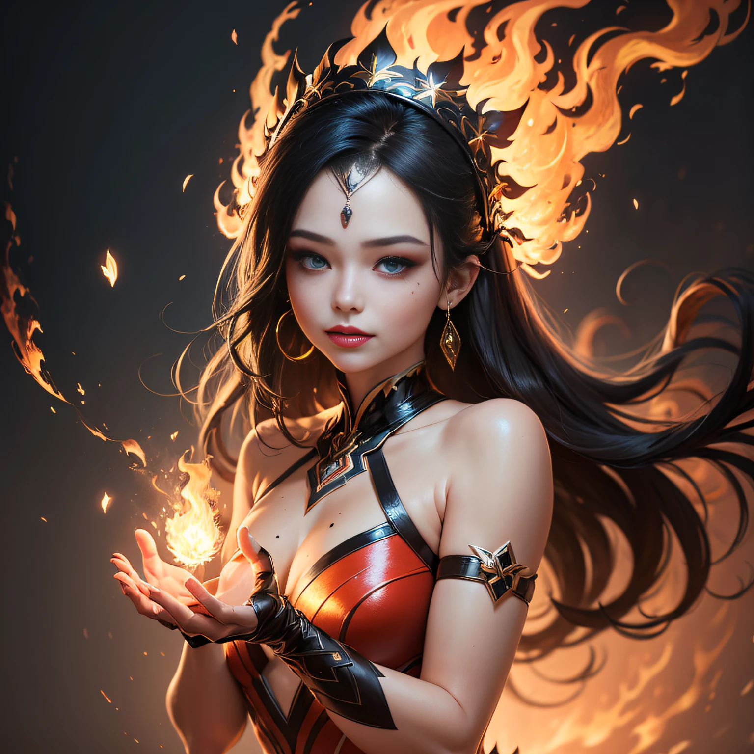 Girl made of fire element,wreathed in flame,The entire body is made up of fire,Spark spray painting,Delicate figure,((Masterpiece:1.2),highest quality:1.1),(dynamic angle:1.2,dynamicposes:1.2,softlighting:1.1), Solo,Textured skin,Beauty tips,Pick dyeing,Crescent headdress,Heavy makeup,Ribbons,Crescent earrings,There are precious stones on the forehead,Beauty mole,Heterochromic pupils,Light smile,A high resolution